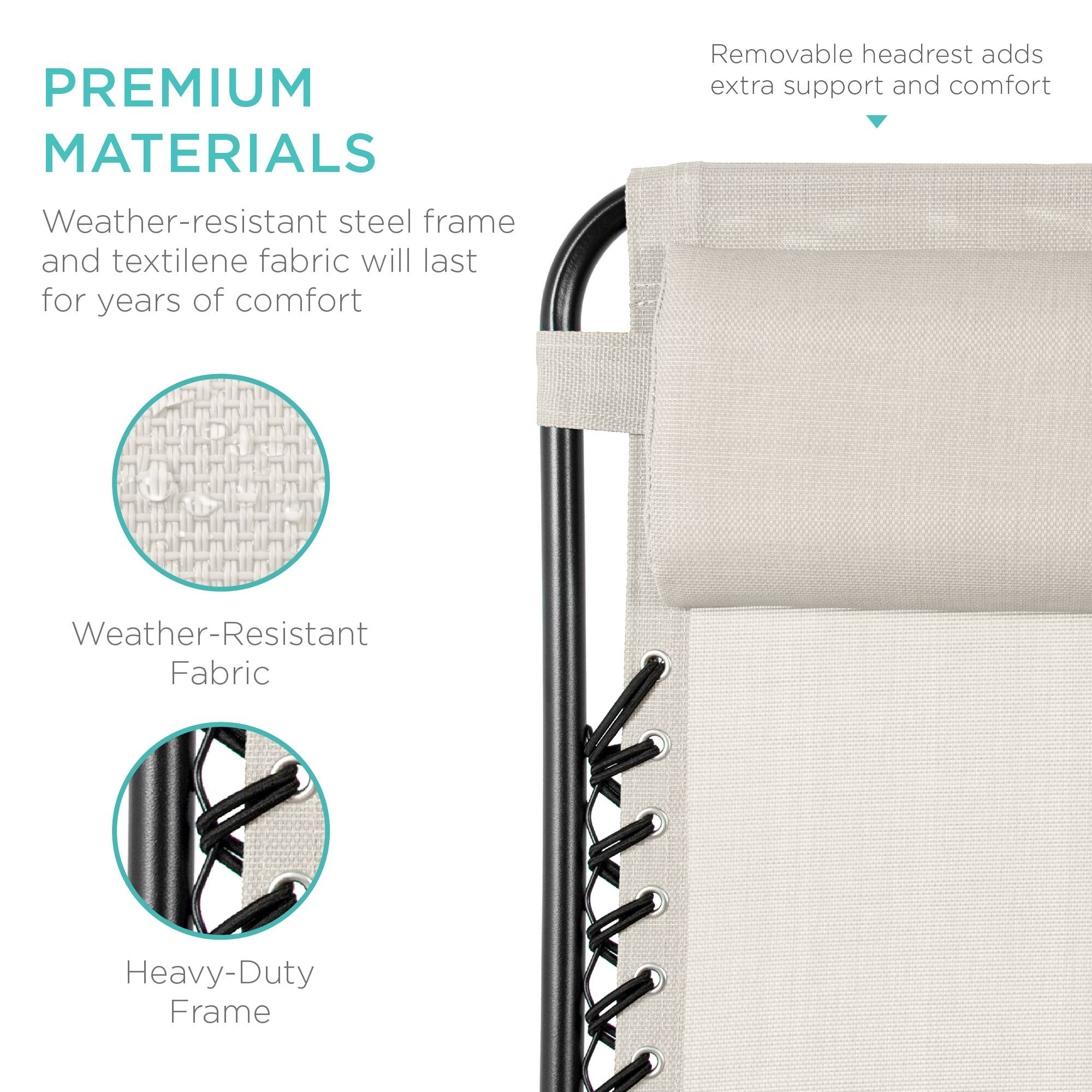 **PREMIUM MATERIALS**

Weather-resistant steel frame and textilene fabric will last for years of comfort

- Weather-Resistant Fabric
- Heavy-Duty Frame

Removable headrest adds extra support and comfort