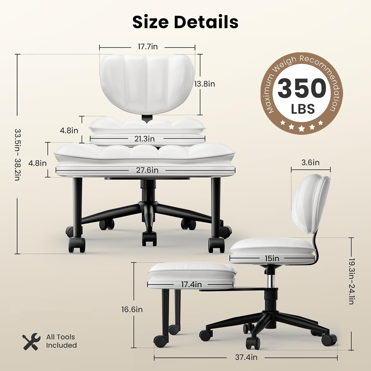 33.5in- 4.8in 38.2in 4.8in  
Size Details  
17.7in 13.8in 21.3in 27.6in  
Weight Recommendation 350 LBS  
3.6in 16.6in 17.4in 15in 19.3in-24.1in  
All Tools Included 37.4in