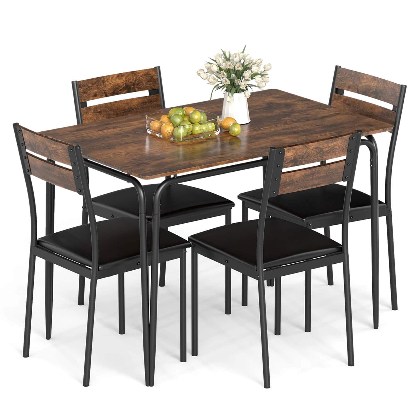 Costway - 5 PCS Dining Table Set, Kitchen Table & 4 Armless Chairs with Upholstered Seat - Rustic Brown,Black