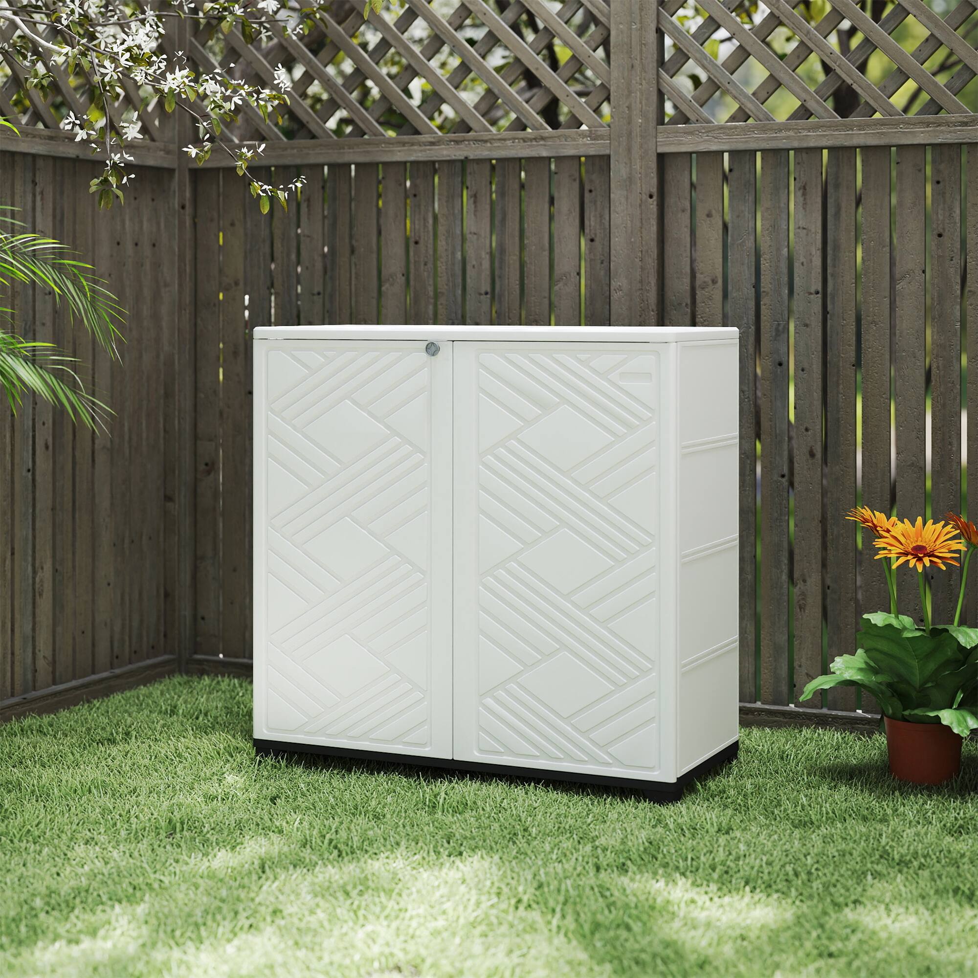 Left. Yardgrace - Outdoor Storage Shed with 1 Shelves, All-Weather Resin Cabinet for Patio, Garden, and Backyard - White.