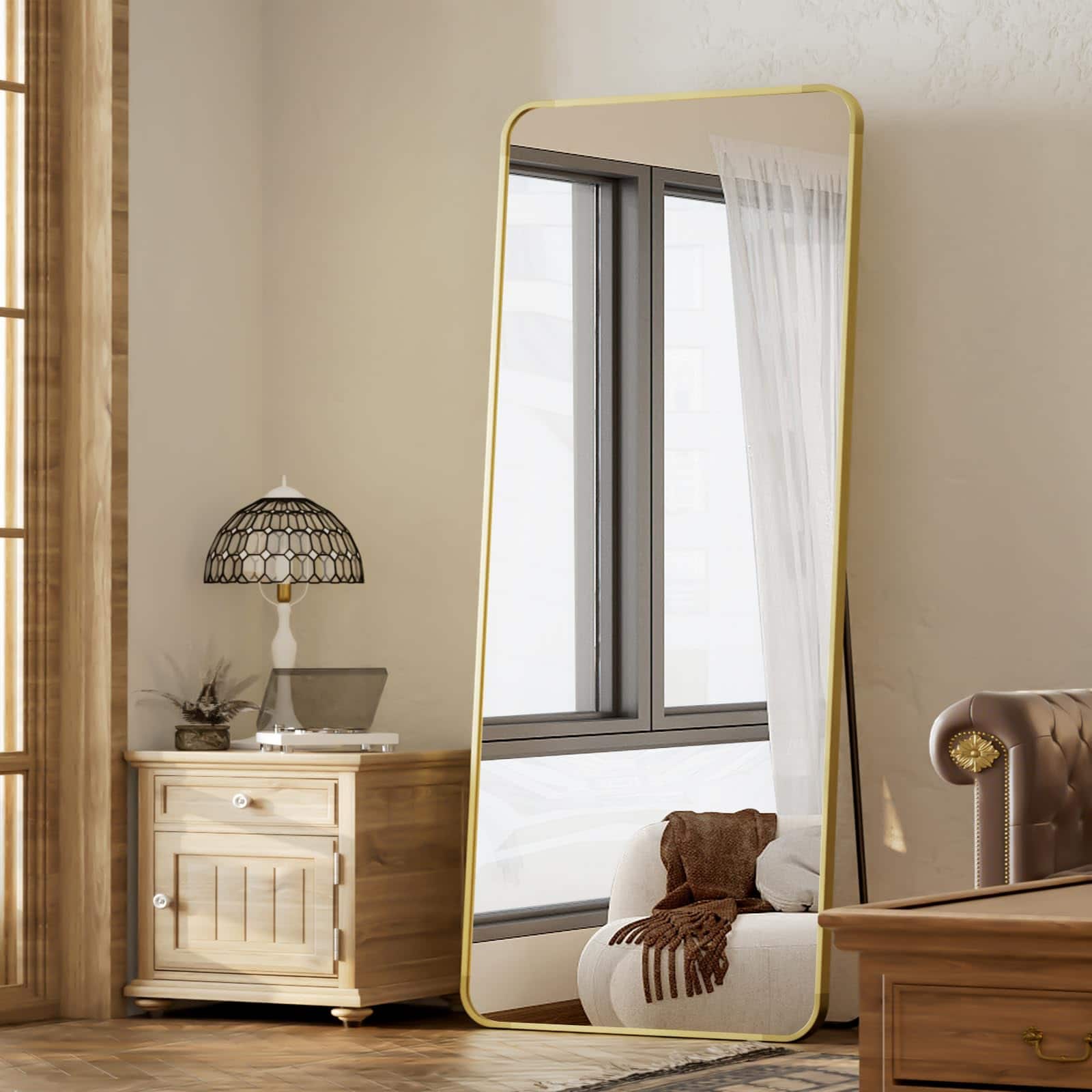 Front. Live At Space - Full Length Mirror 56"x21" Rounded Corner Floor Standing Hanging Or Leaning Against Wall Suitable For Bedroom Dressing - Gold-65"L x 24"W.