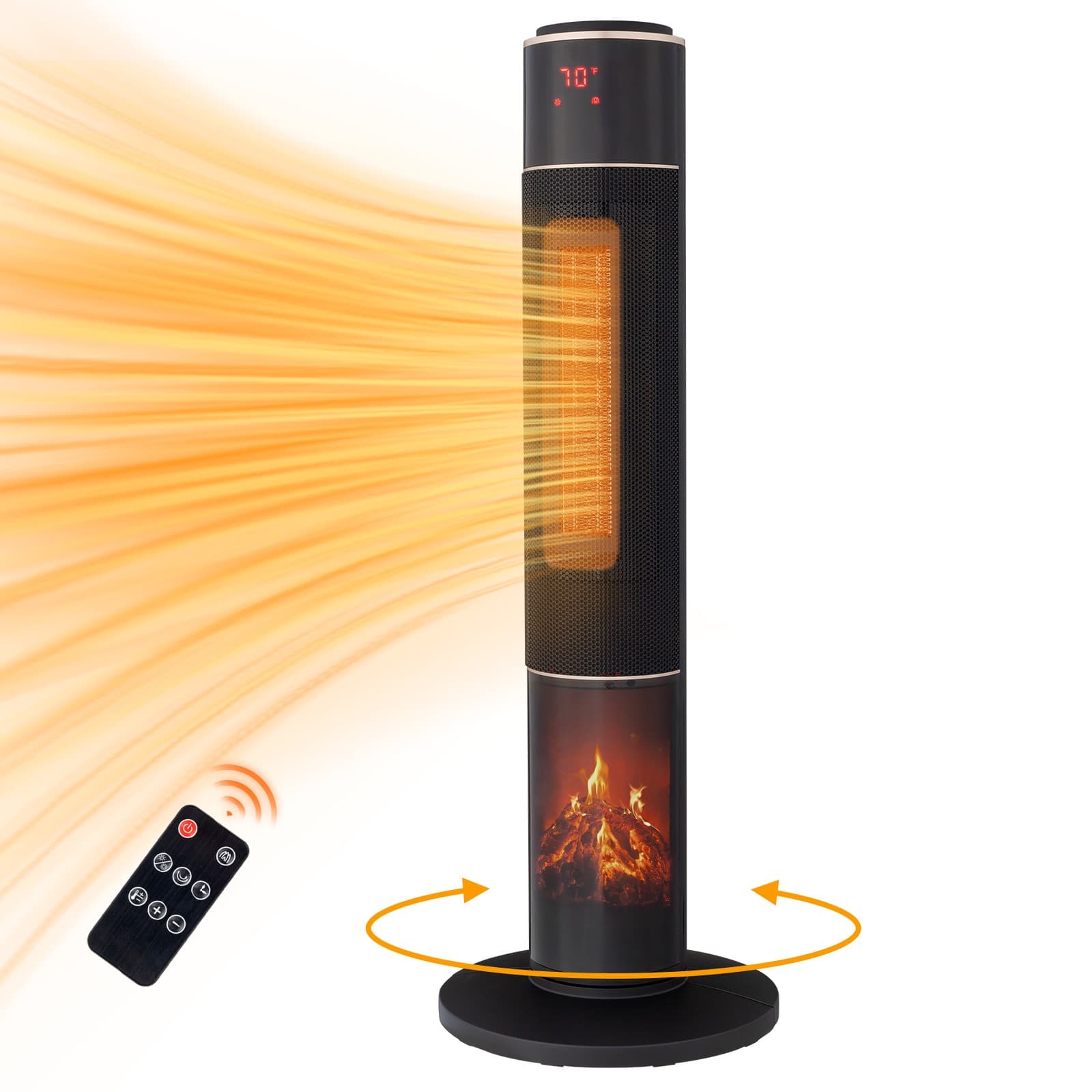 Front. Winado - 33" Tower Space Heater with 3D Flame, 1500W Portable Electric Heater with Thermostat, 60° Oscillation, Timer, Remote - Black.