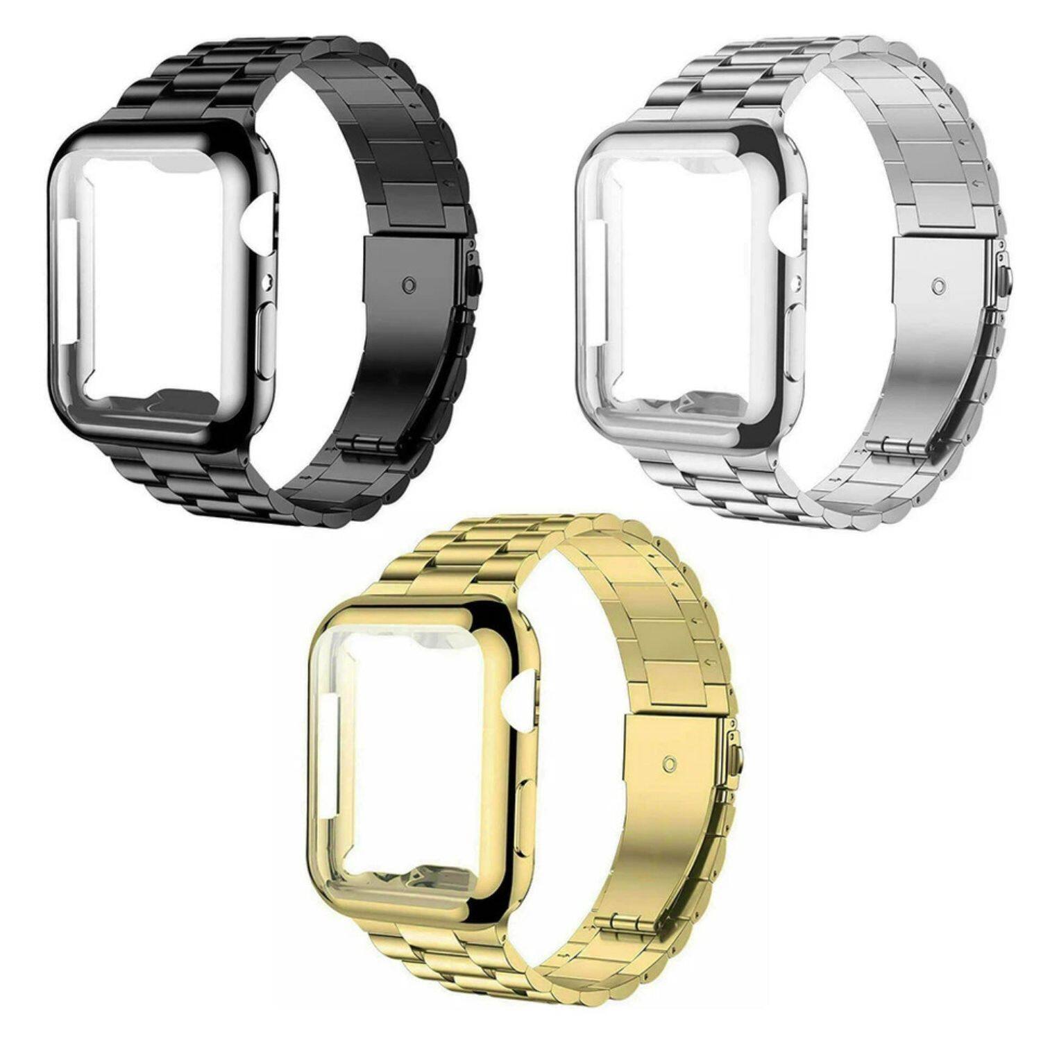 Left. Stock Preferred - 42mm Metal iWatch Band Strap with TPU Case – Stainless Steel Wristband for Apple Watch Series 6, 5, 4, 3, 2, 1, SE - Black.