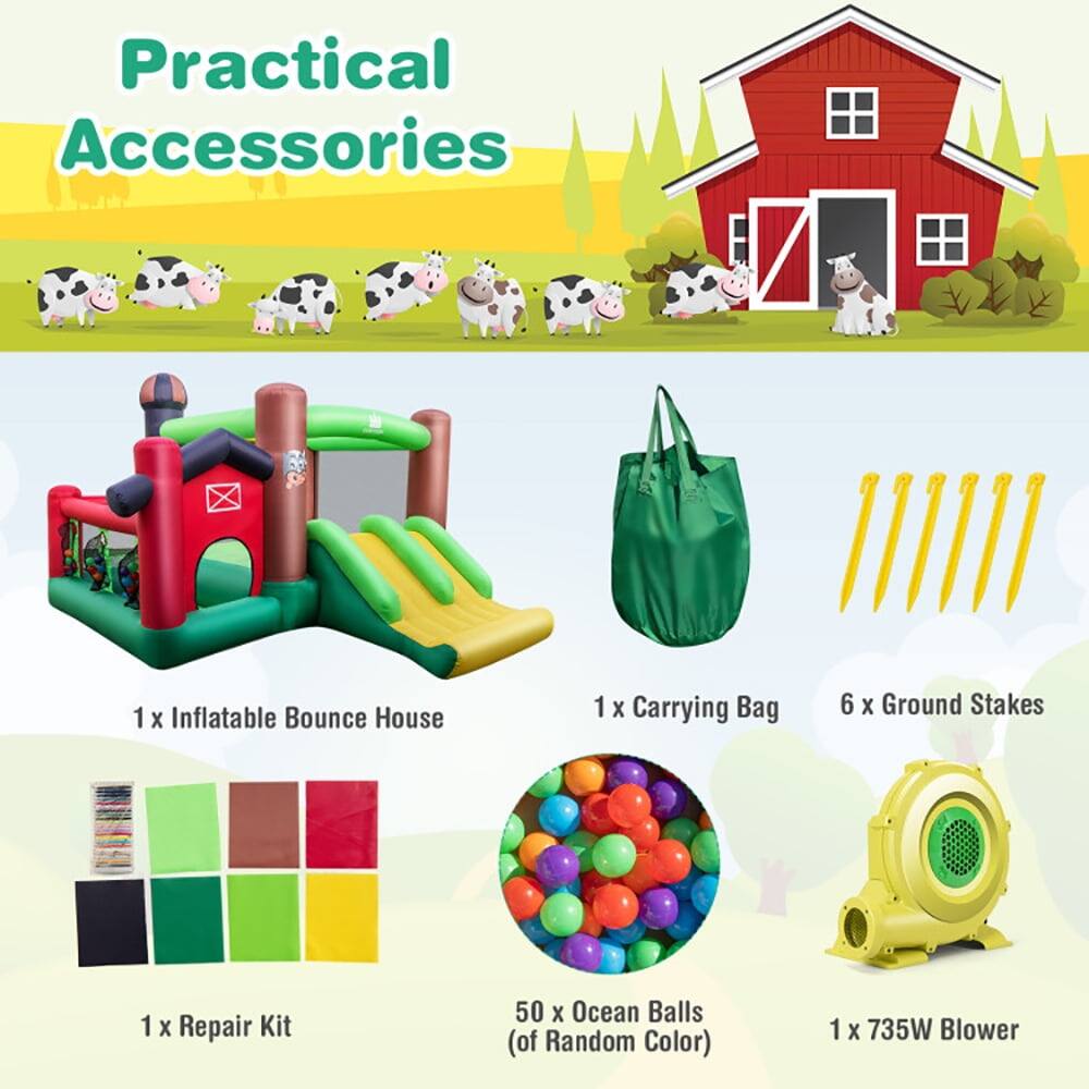 Practical Accessories  
1 x Inflatable Bounce House  
1 x Carrying Bag  
6 x Ground Stakes  
1 x Repair Kit  
50 x Ocean Balls (of Random Color)  
1 x 735W Blower
