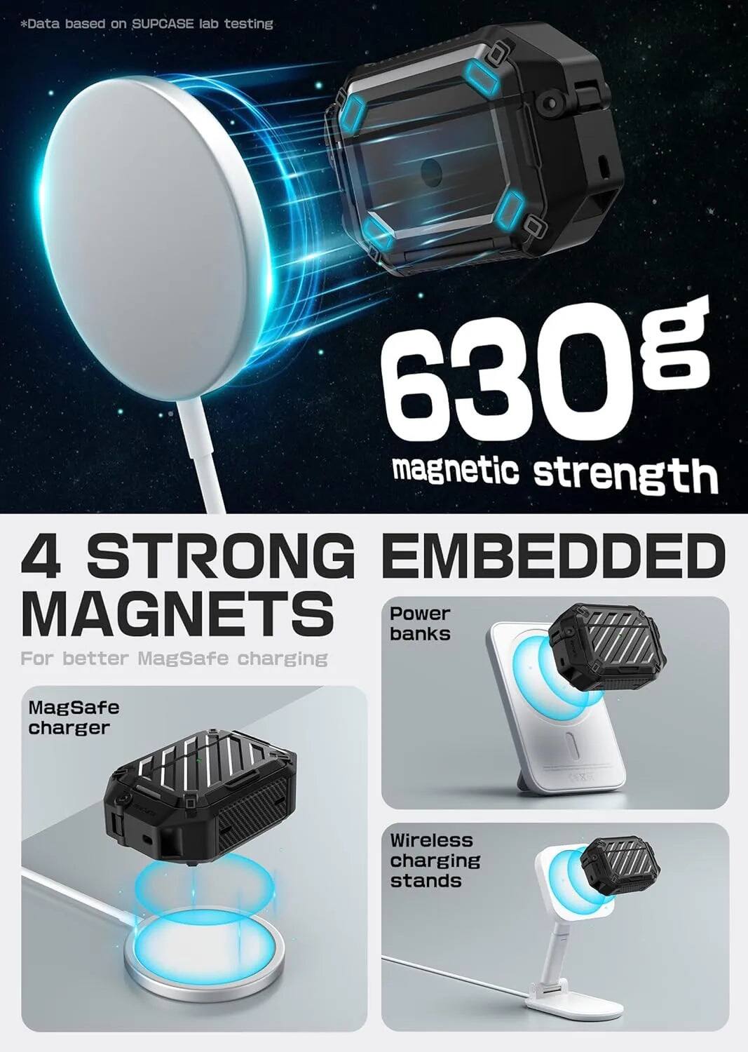 *Data based on SUPCASE lab testing

630g magnetic strength

4 STRONG MAGNETS
For better MagSafe charging

EMBEDDED
Power banks
MagSafe charger
Wireless charging stands