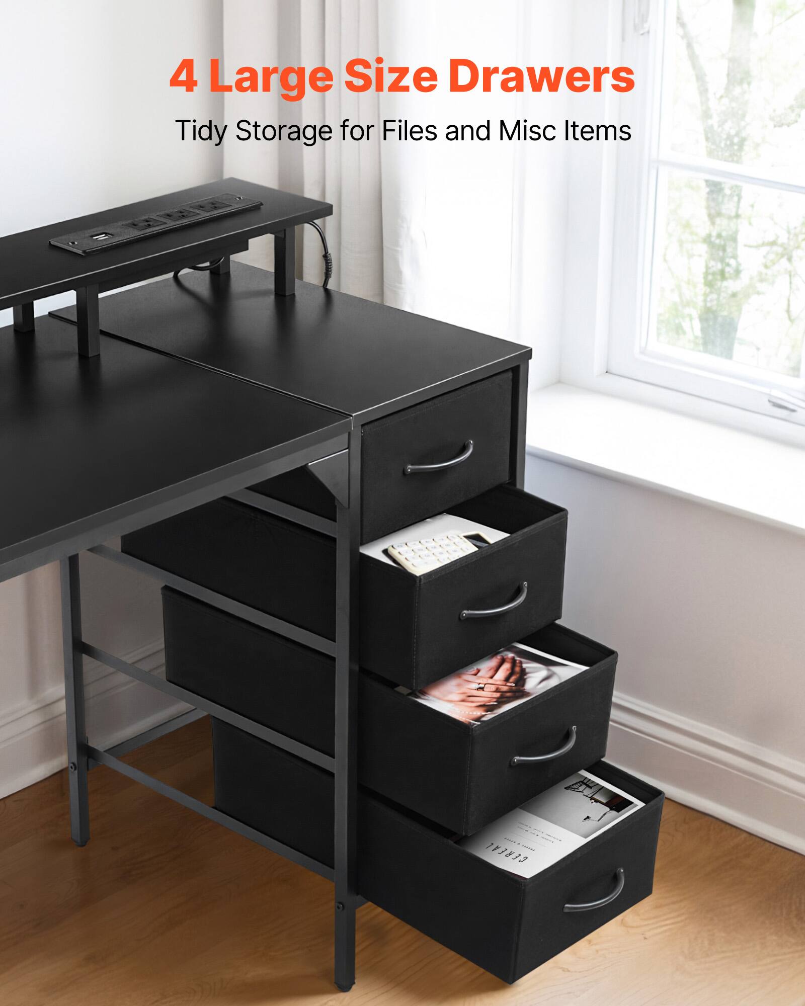 4 Large Size Drawers  
Tidy Storage for Files and Misc Items