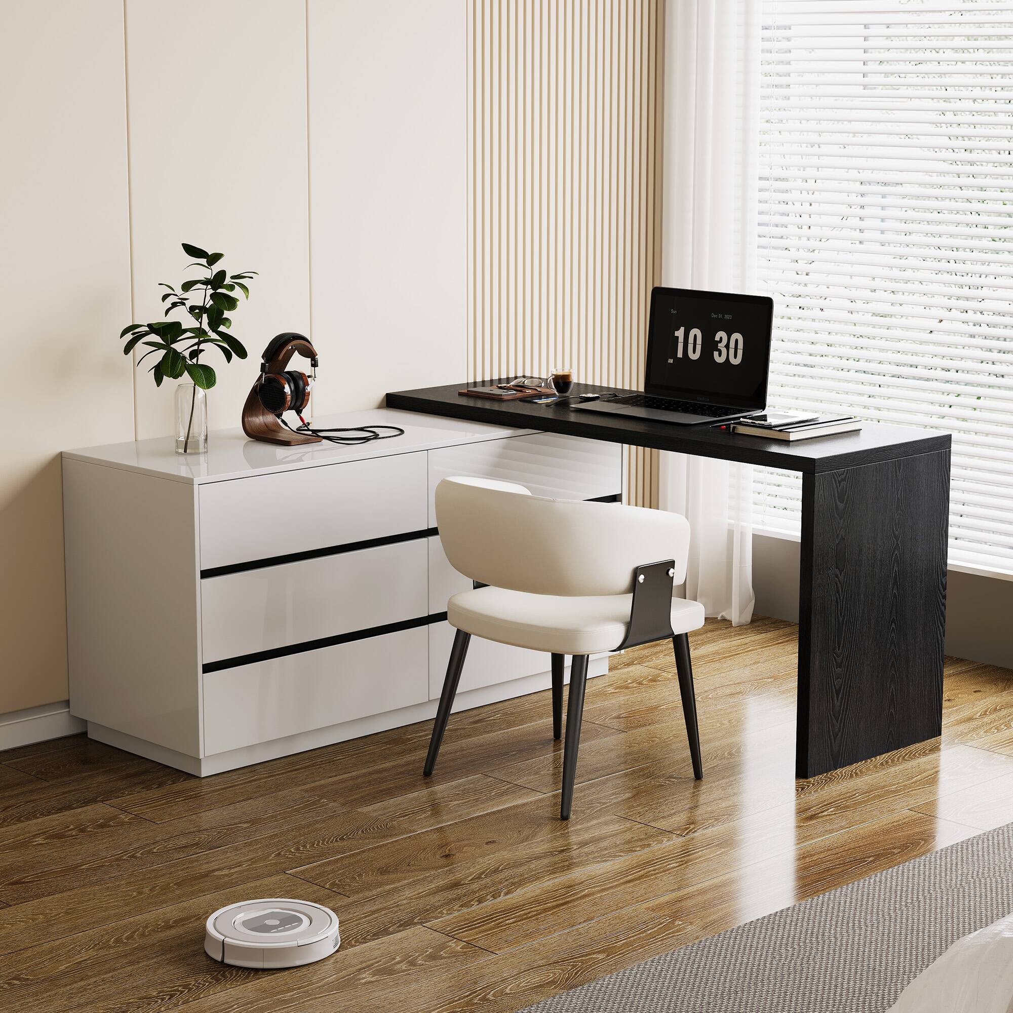 Angle. luck idea - Modern Extendable Desk with 6-Drawer Storage, Reversible Left/Right Setup, Writing Desk for Home Office or Bedroom - Black.