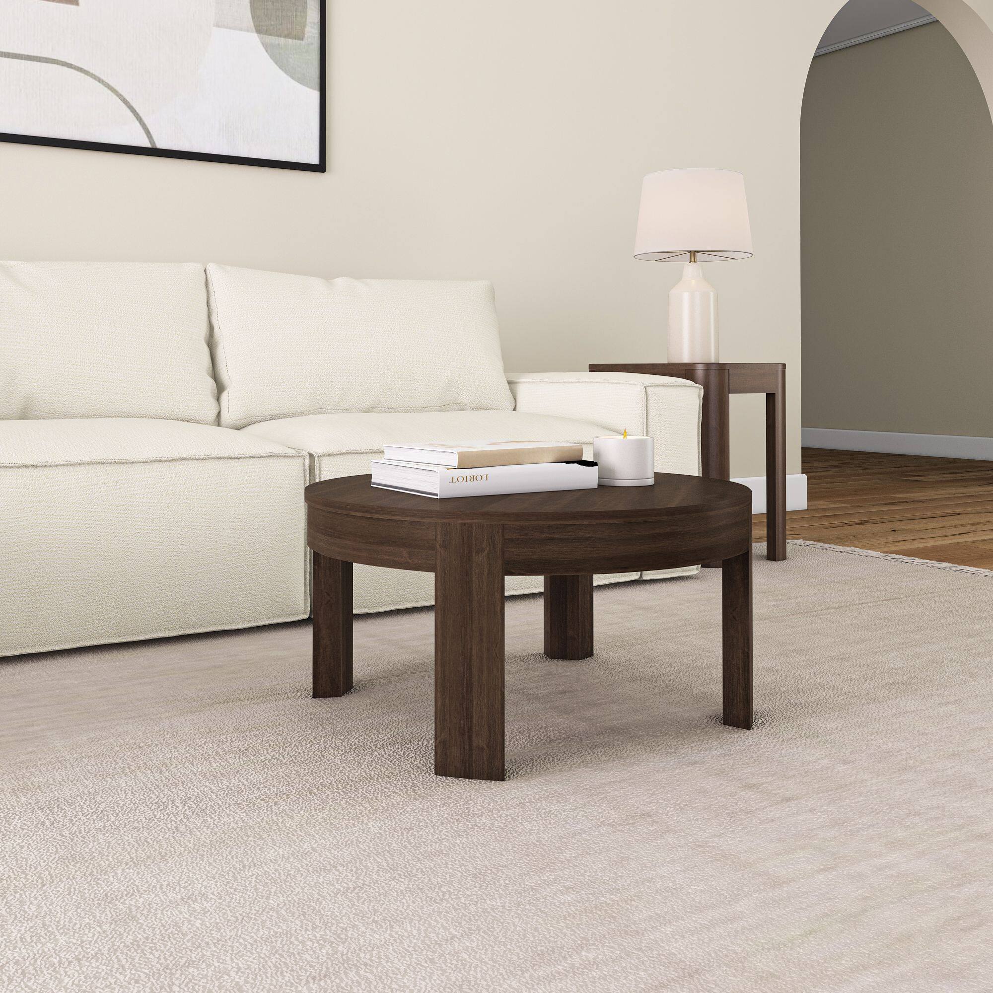 Alt View 4. Plank+Beam - Contour Round Coffee Table (30in x 30in / 762mm x 762mm), Walnut - Walnut.