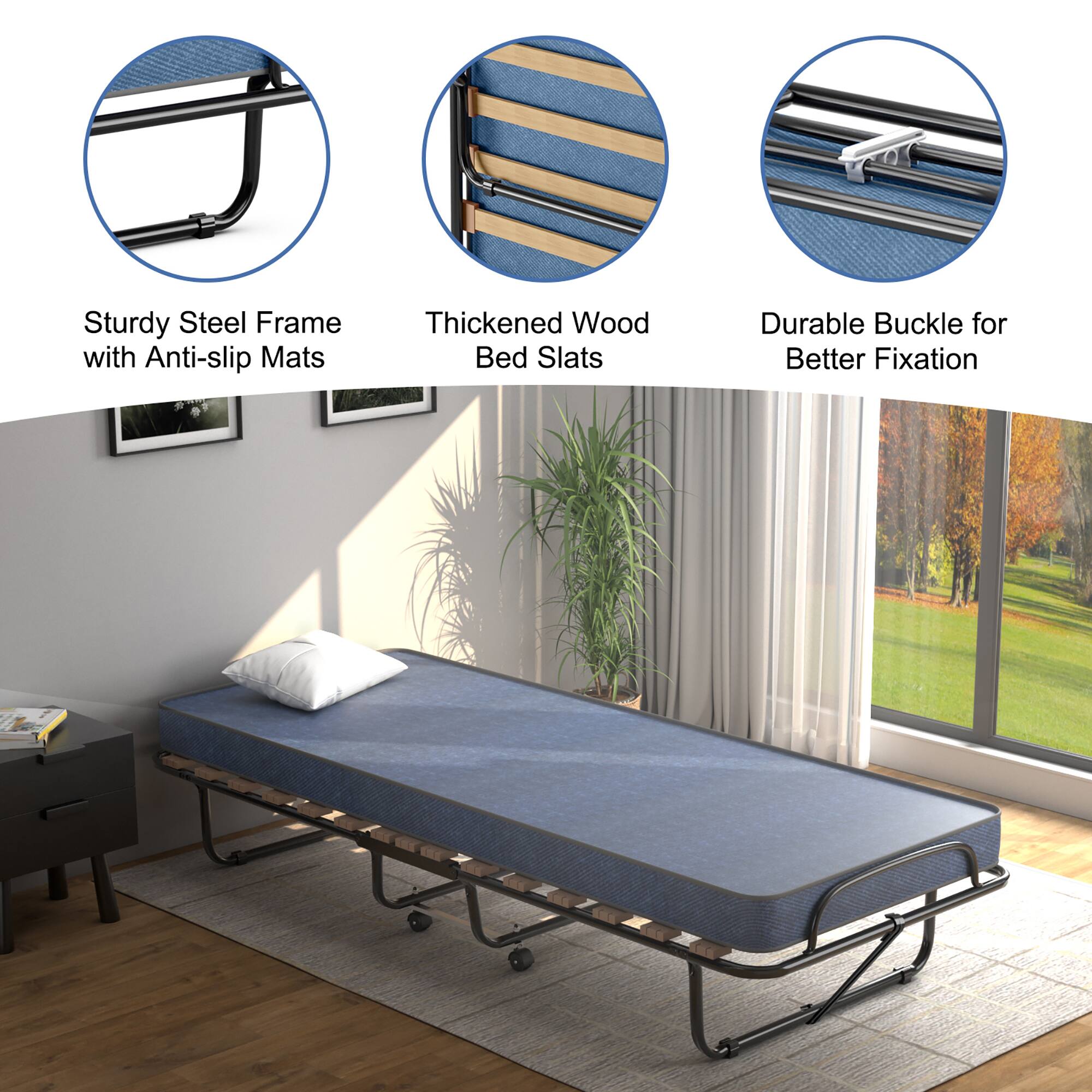 Sturdy Steel Frame with Anti-slip Mats, Thickened Wood Bed Slats, Durable Buckle for Better Fixation