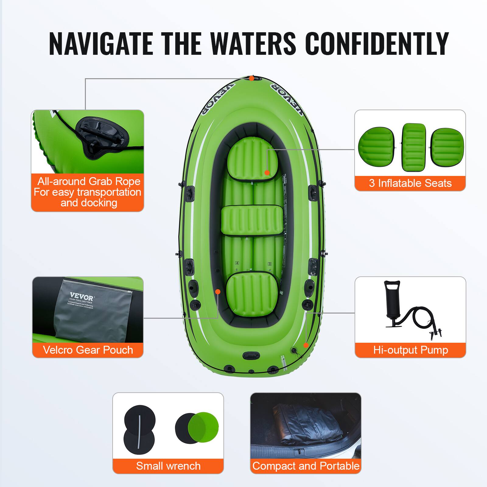 NAVIGATE THE WATERS CONFIDENTLY

- All-around Grab Rope For easy transportation and docking
- 3 Inflatable Seats
- Velcro Gear Pouch
- Hi-output Pump
- Small wrench
- Compact and Portable