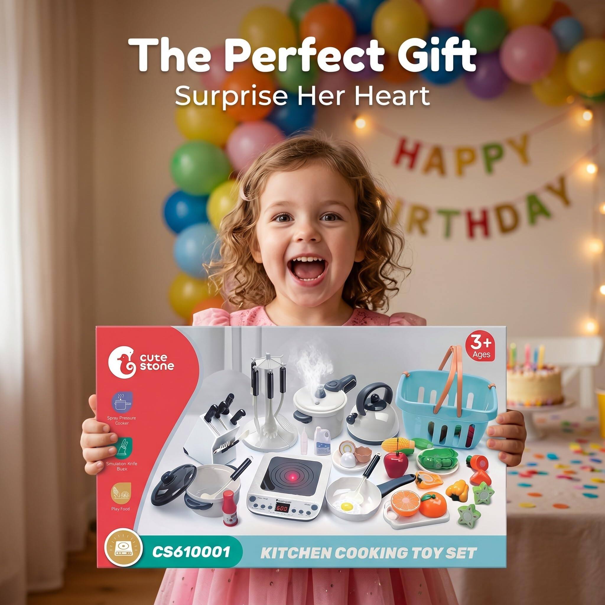 The Perfect Gift Surprise Her Heart HAPPY BIRTHDAY

cute stone
3+ Ages
Spray Pressure Cooker
Simulation onfe Buek
Play Food
600
CS610001 KITCHEN COOKING TOY SET