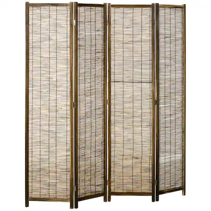 Front. Homcom - Room Divider, Portable Folding Privacy Screens, Reed Hand-Woven Freestanding Partition Wall Dividers for Home Office - Brown.