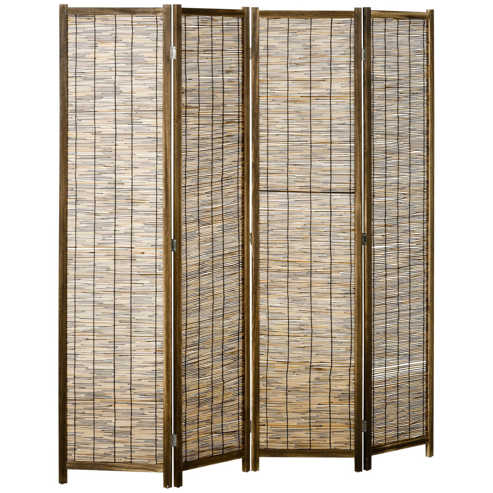 Front. Homcom - Room Divider, Portable Folding Privacy Screens, Reed Hand-Woven Freestanding Partition Wall Dividers for Home Office - Brown.