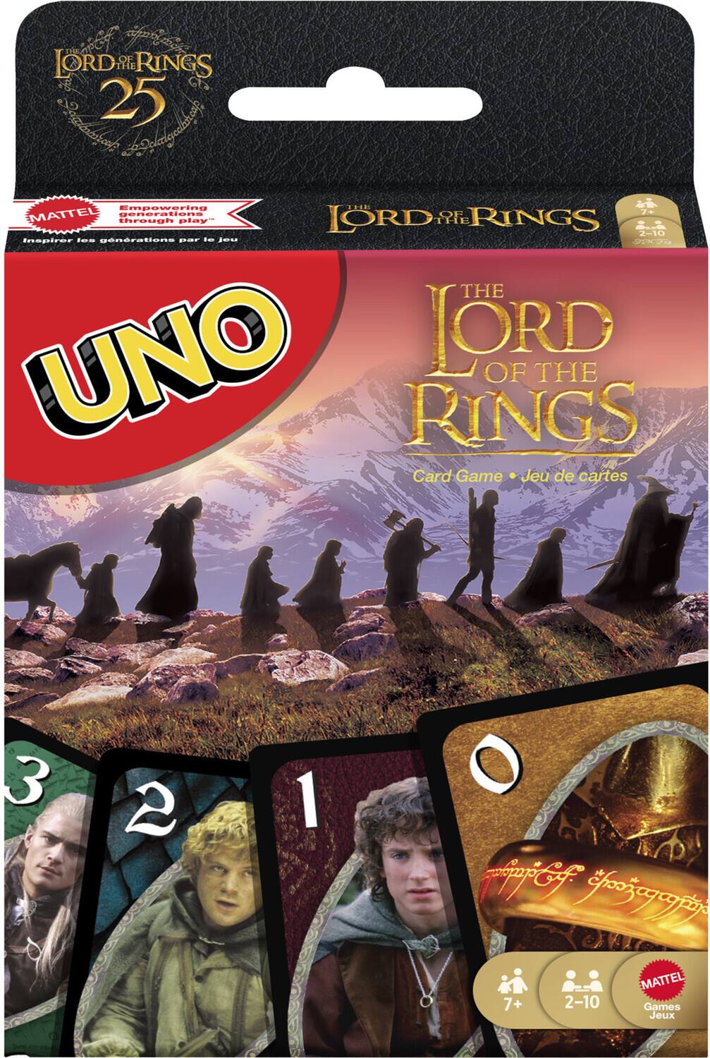 The Lord of the Rings 25  
Empowering Generations Through Play  
Inspirer les générations par le jeu  

The Lord of the Rings Card Game  
Jeu de cartes  

UNO  

3 2 1 0  

7+  
2-10  

MATTEL  
Games  
Jeu