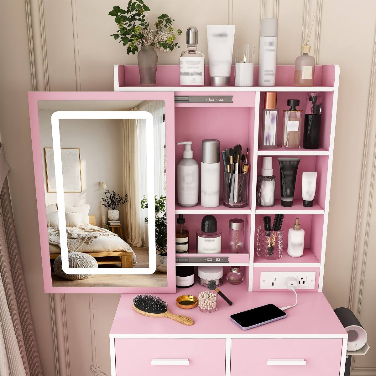 Alt View 9. Loheer - Loheer Small Makeup Vanity Desk with Mirror and Adjustable LED Lights, Pink - Pink.
