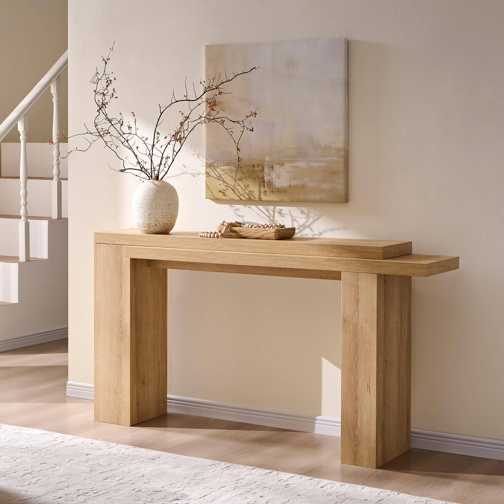 Front. OMOMMD - 63" Two-Tier Geometric Console Table, Staggered MDF Entryway Sofa Table, Narrow Hallway Storage - Natural Oak.