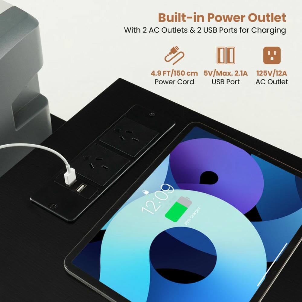 Built-in Power Outlet  
With 2 AC Outlets & 2 USB Ports for Charging  

4.9 FT/150 cm Power Cord  
5V/Max. 2.1A USB Port  
125V/12A AC Outlet  

12:09  
80% Charged