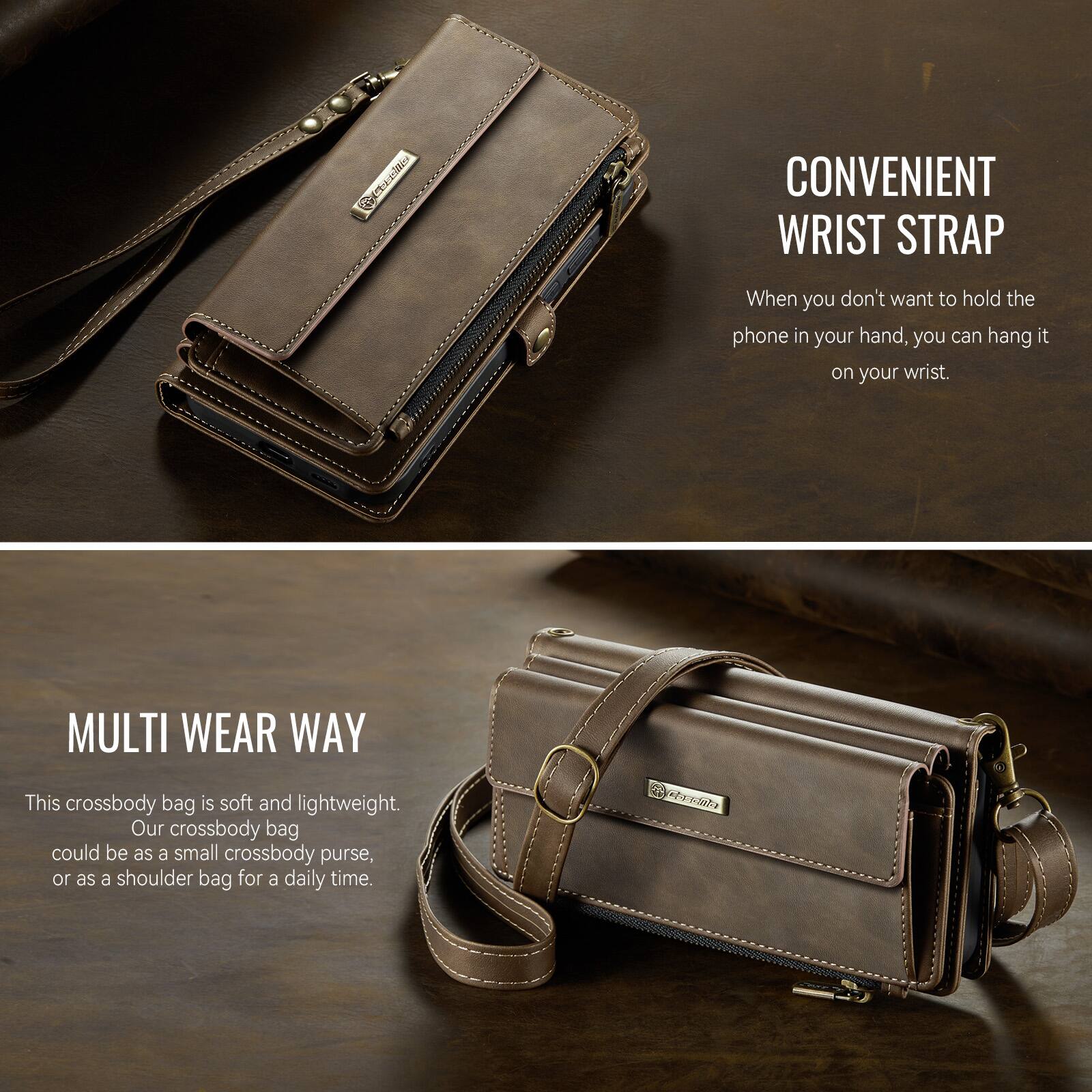 CONVENIENT WRIST STRAP  
When you don't want to hold the phone in your hand, you can hang it on your wrist.

MULTI WEAR WAY  
This crossbody bag is soft and lightweight. Our crossbody bag could be as a small crossbody purse, or as a shoulder bag for a daily time.