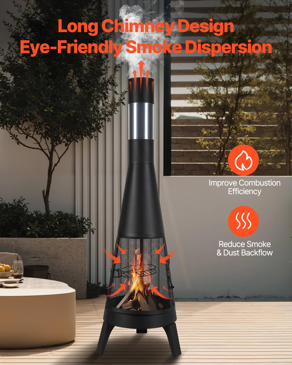 Long Chimney Design  
Eye-Friendly Smoke Dispersion  

- Improve Combustion Efficiency  
- Reduce Smoke & Dust Backflow