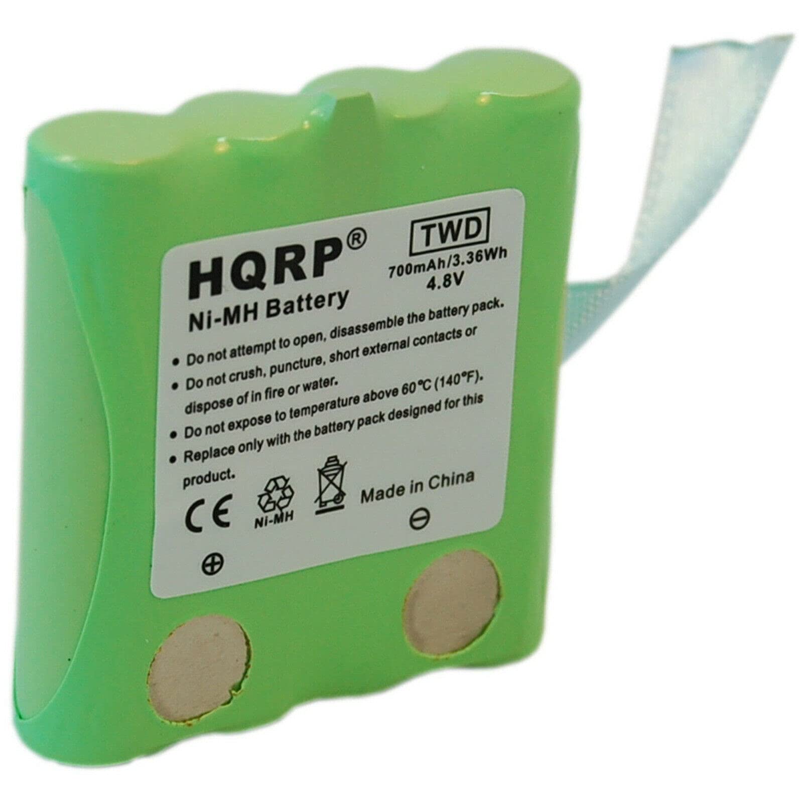 TWD HQRP 700mAh/3.36Wh 4.8V Ni-MH Battery

- Do not attempt to open, disassemble the battery pack.
- Do not crush, puncture, short external contacts or attempt to open.
- Do not expose to fire or water.
- Do not dispose of at temperatures above 60°C (140°F).
- Replace only with the battery pack designed for this product.

Made in China
CE
NI-MH