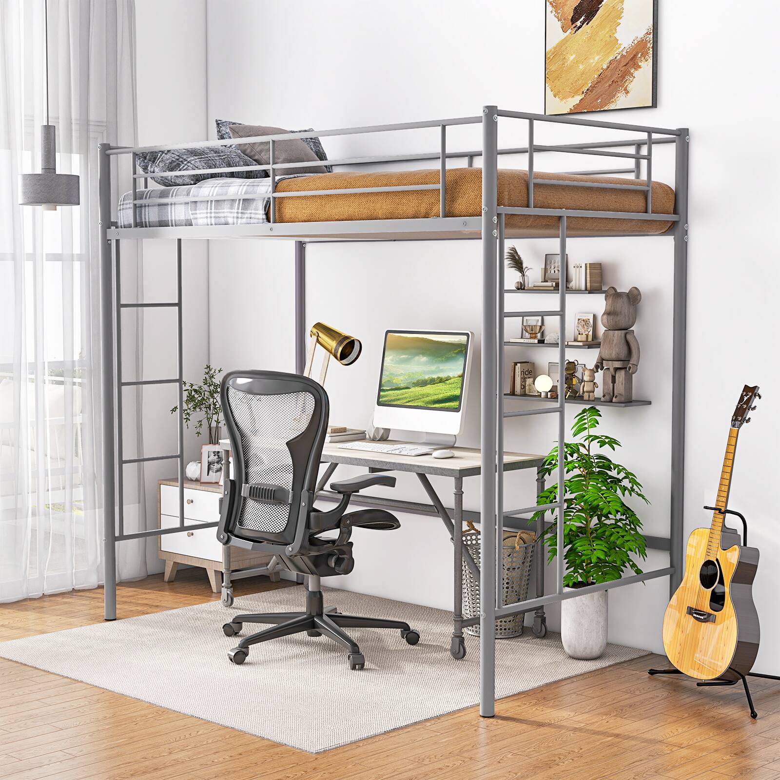 Alt View 4. Costway - Twin Size Loft Bed Heavy Duty Metal Loft Bed Frame with Safety Guardrail - Silver.