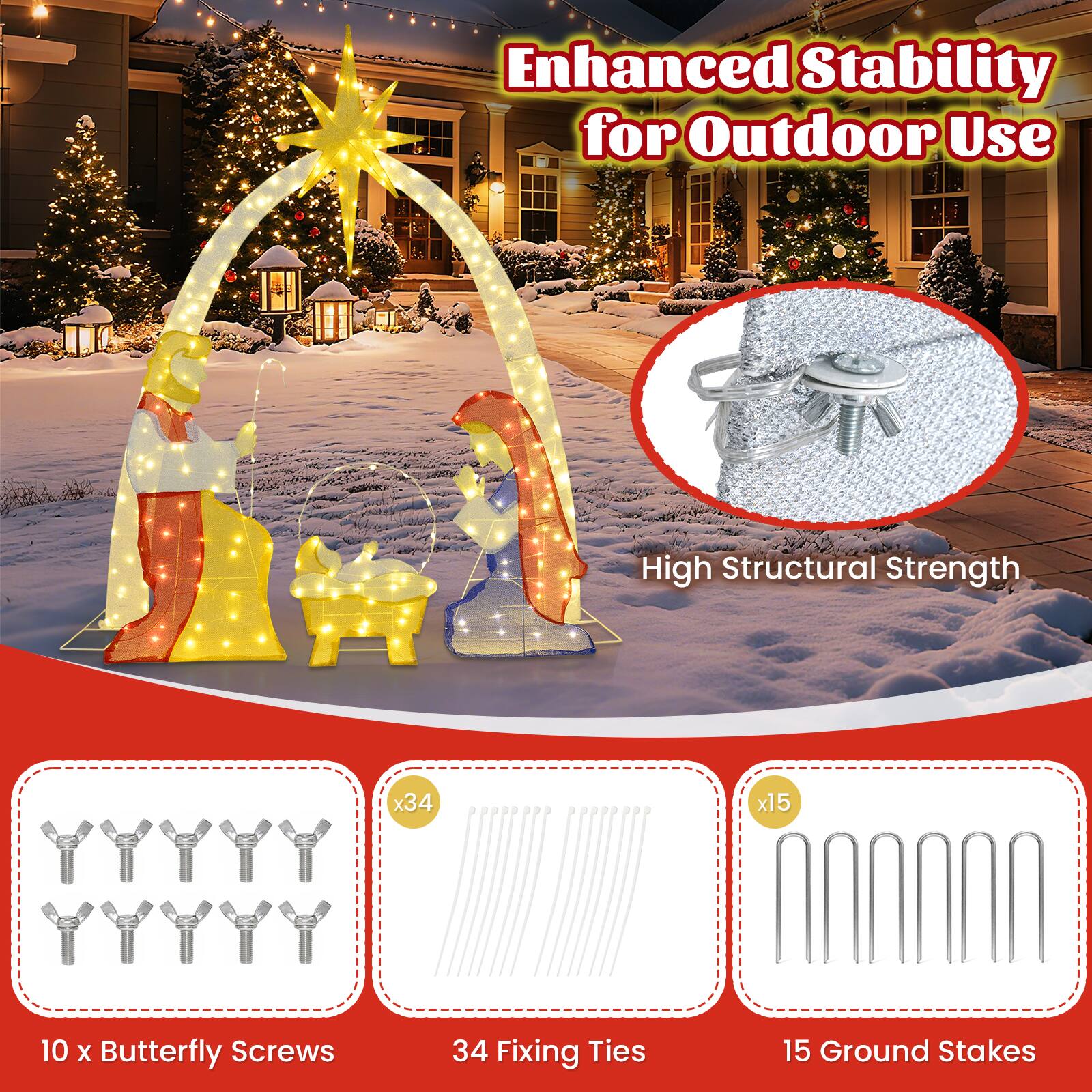 Enhanced Stability for Outdoor Use

High Structural Strength

10 x Butterfly Screws

34 Fixing Ties

15 Ground Stakes