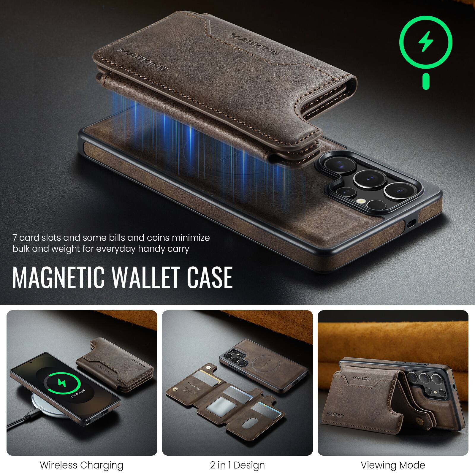 MARSN MAGKINI 7 card slots and some bills and coins minimize bulk and weight for everyday handy carry MAGNETIC WALLET CASE

F/wpt Tua LE E Wireless Charging 2 in 1 Design Viewing Mode