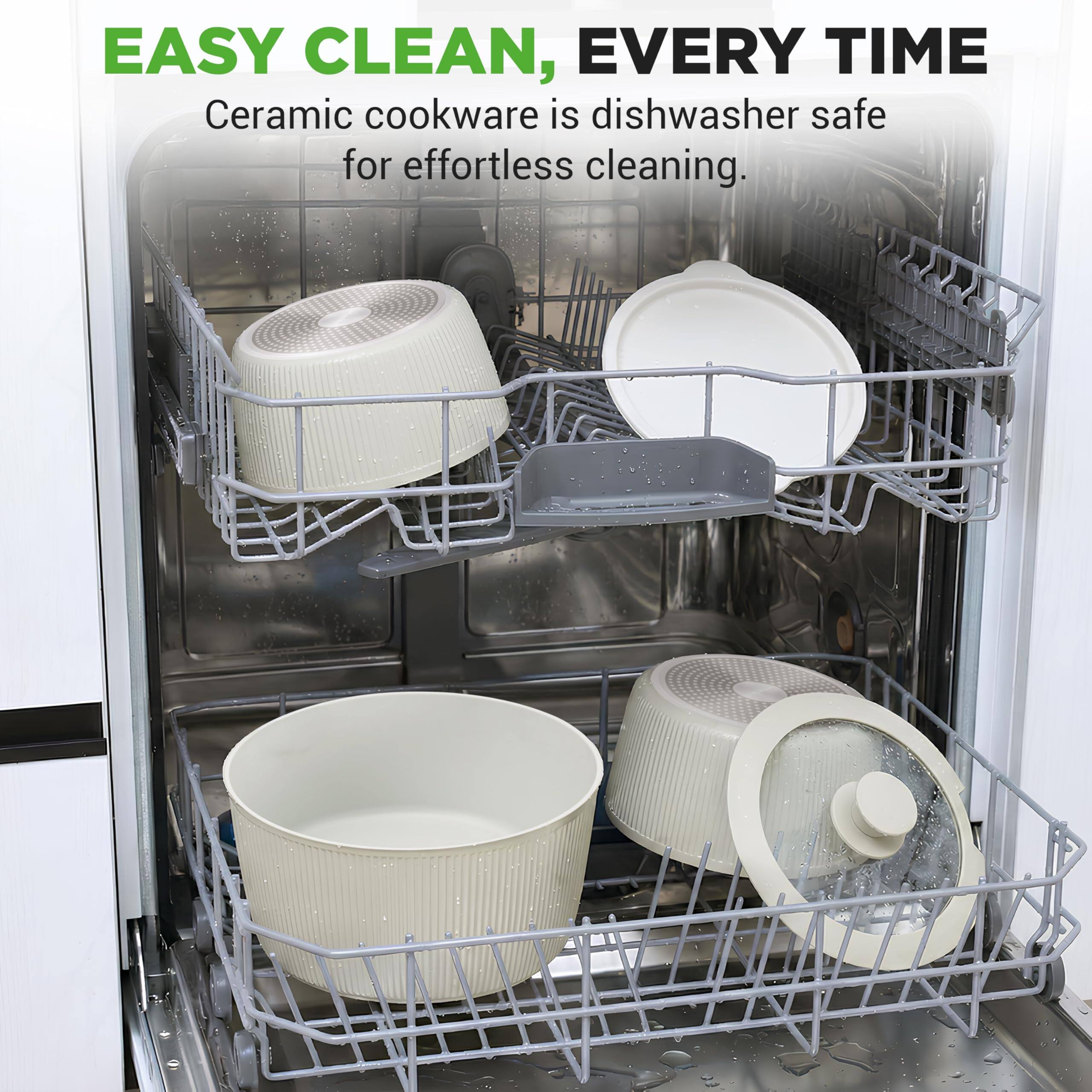 EASY CLEAN, EVERY TIME  
Ceramic cookware is dishwasher safe for effortless cleaning.