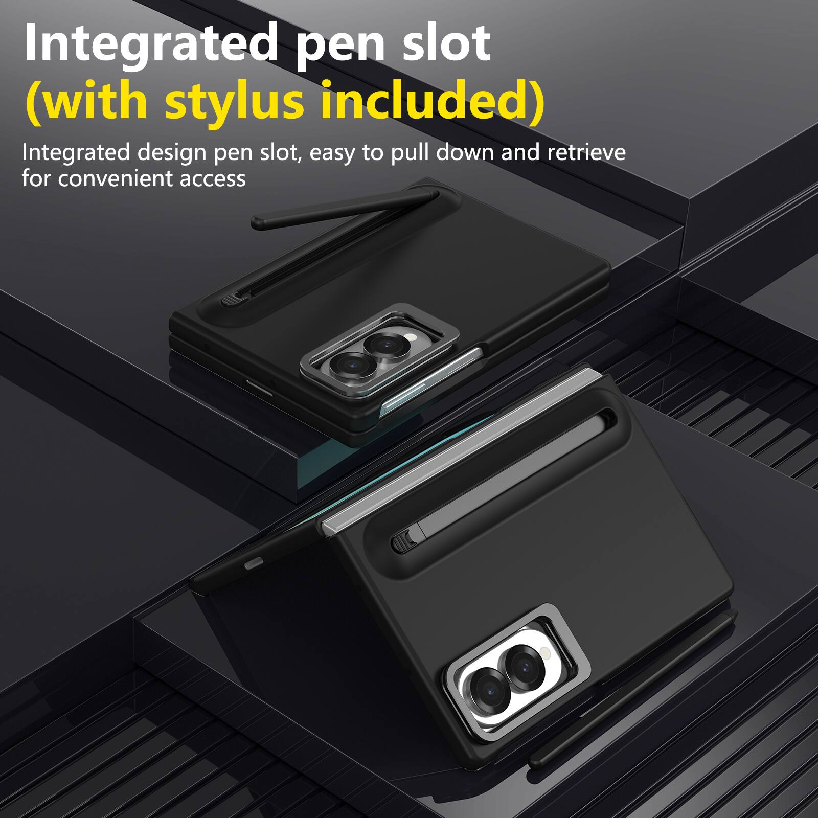 Integrated pen slot (with stylus included)  
Integrated design pen slot, easy to pull down and retrieve for convenient access