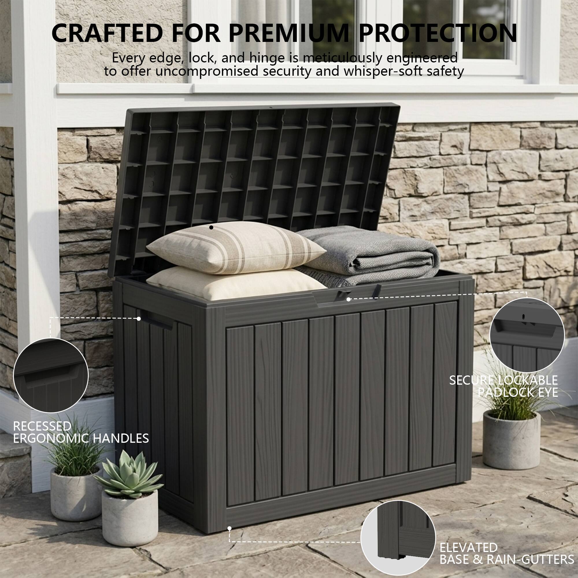 CRAFTED FOR PREMIUM PROTECTION  
Every edge, lock, and hinge is meticulously engineered to offer uncompromised security and whisper-soft safety.

- SECURE LOCKABLE PADLOCK EYE
- RECESSED ERGONOMIC HANDLES
- ELEVATED BASE & RAIN-GUTTERS