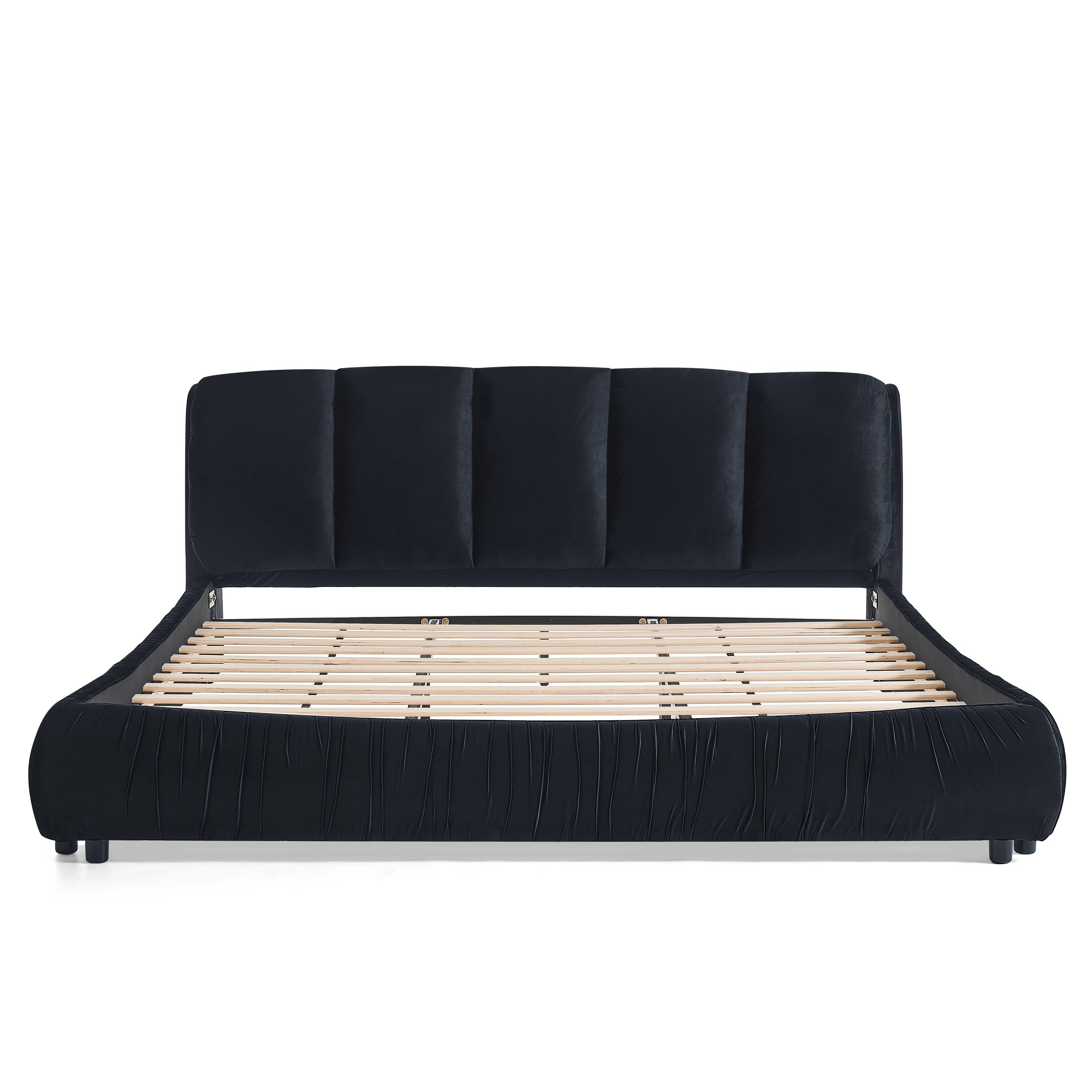 Back. Whisen - Upholstered Platform Bed with Segmented Padded Headboard and Velvet Frame,Sturdy Support - Black.