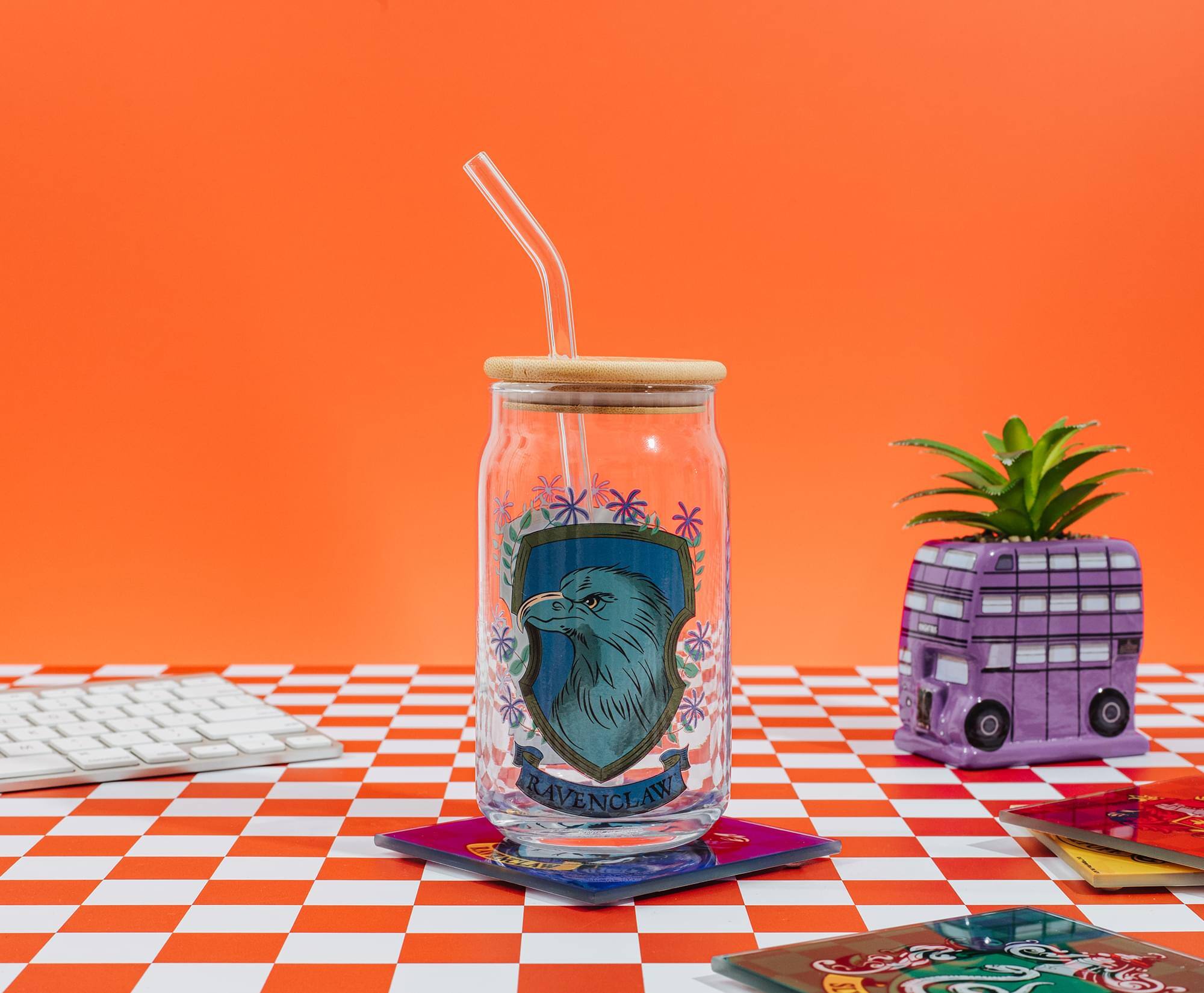 Alt View 2. Silver Buffalo - Harry Potter Ravenclaw House Mascot Glass Tumbler With Bamboo Lid and Straw - Blue.