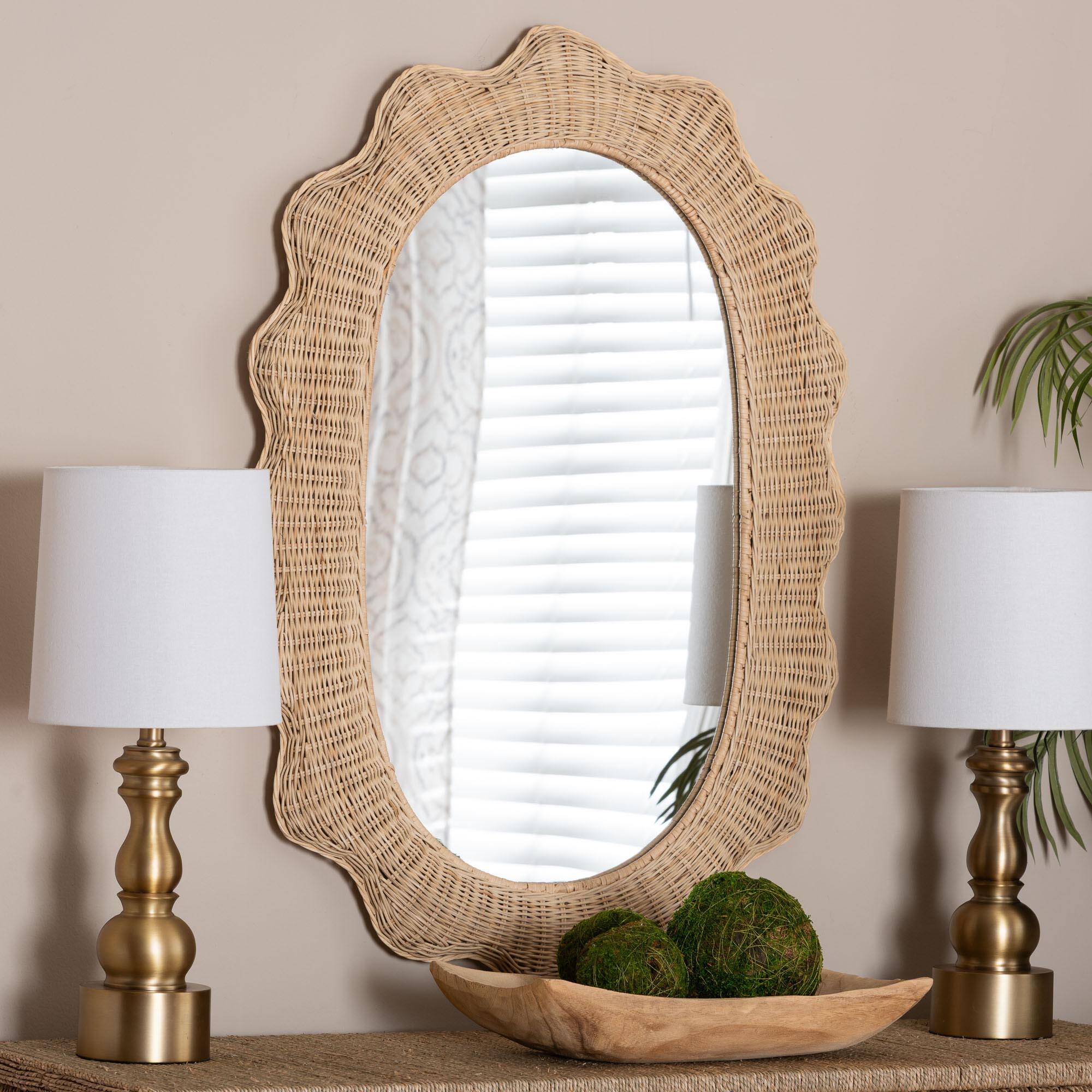 Left. bali & pari - Makoto Scalloped Natural Rattan Wall Mirror - Handwoven Wicker Oval Frame, Boho Coastal Accent Wall Décor - Natural.