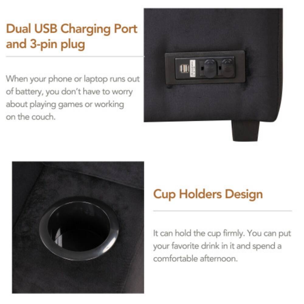 Dual USB Charging Port and 3-pin plug  
When your phone or laptop runs out of battery, you don't have to worry about playing games or working on the couch.  

Cup Holders Design  
It can hold the cup firmly. You can put your favorite drink in it and spend a comfortable afternoon.