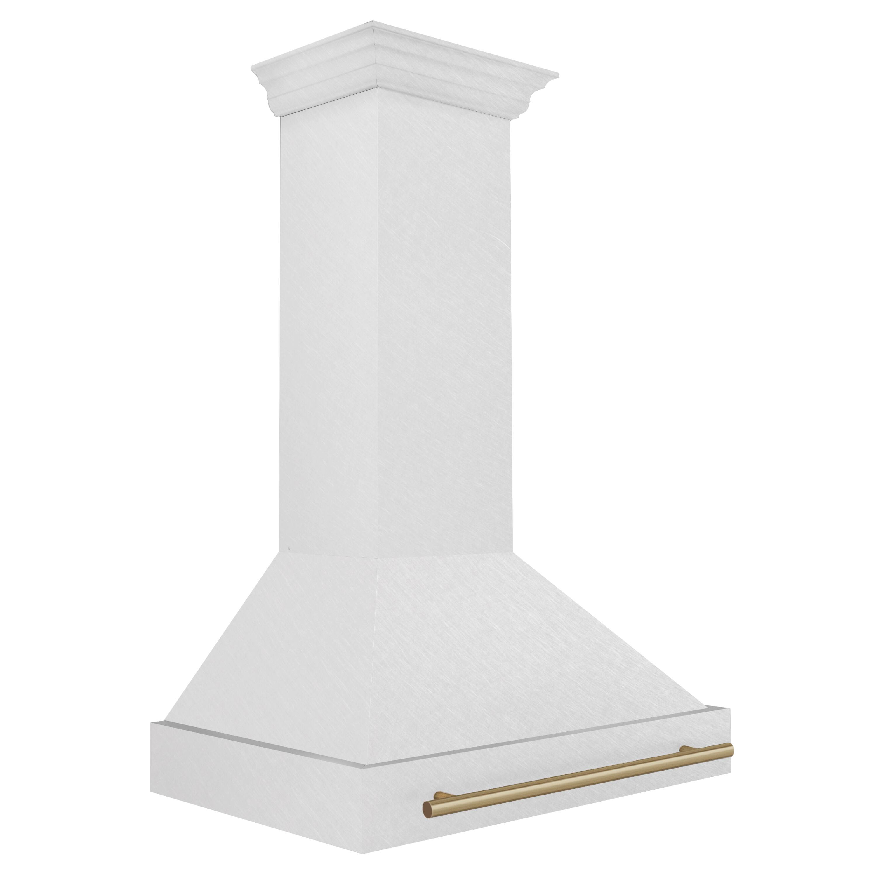 Angle. ZLINE - ZLINE Autograph Edition 36 in. Satin Stainless Steel Wall Mount Range Hood with Champagne Bronze Handle (8654SNZ-36-CB) - Satin Stainless Steel.