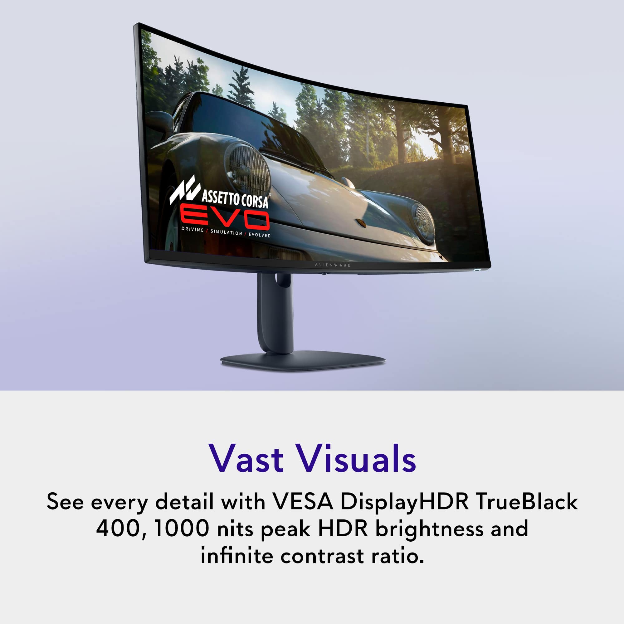 The text on the image reads: "Vast Visuals See every detail with VESA DisplayHDR TrueBlack 400, 1000 nits peak HDR brightness and infinite contrast ratio."