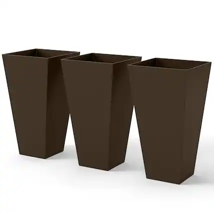 Front. Outsunny - Tall Planters for Outdoor Plants Set of 3, 28 In Taper Planters with Drainage Holes - Brown.