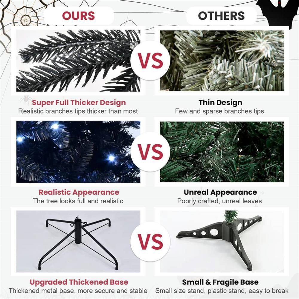 **OURS**  
- **Super Full Thicker Design**  
  Realistic branches tips thicker than most  

- **Realistic Appearance**  
  The tree looks full and realistic  

- **Upgraded Thickened Base**  
  Thickened metal base, more secure and stable  

**VS**  

**OTHERS**  
- **Thin Design**  
  Few and sparse branches tips  

- **Unreal Appearance**  
  Poorly crafted, unreal leaves  

- **Small & Fragile Base**  
  Small size stand, plastic stand, easy to break