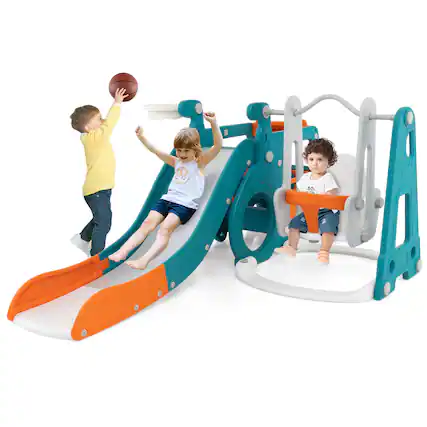 Front. Costway - Costway 5-in-1 Toddler Slide Set with Basketball Hoop and Swing Baby Slide Playset Indoor - Multicolor.