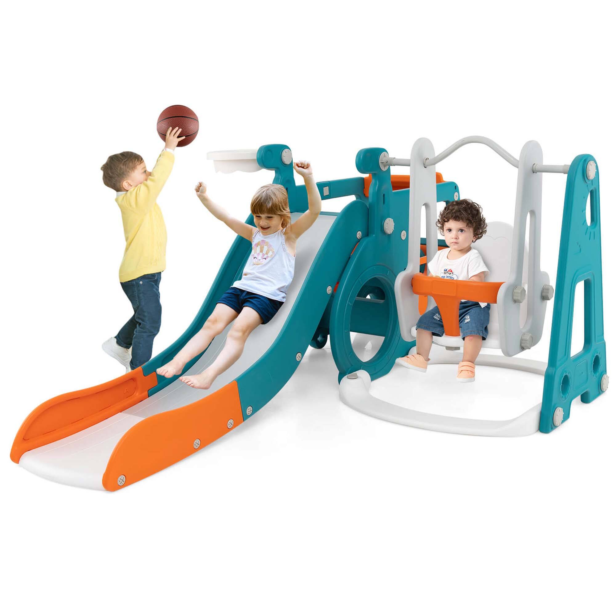 Costway - 5-in-1 Toddler Slide Set with Basketball Hoop and Swing Baby Slide Playset Indoor - Multicolor