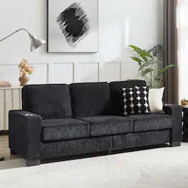 Ropilly - Modern Corduroy 3 Seater Sofa, Black Corduroy Sofa with Armrest Cup Holders, 83.86 Inch Couch - Black
