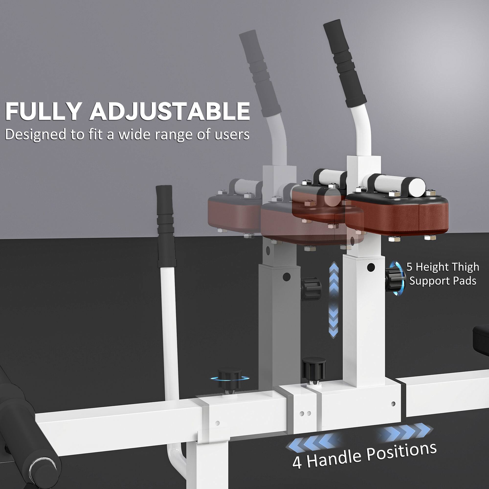 FULLY ADJUSTABLE  
Designed to fit a wide range of users  

5 Height Thigh Support Pads  

4 Handle Positions