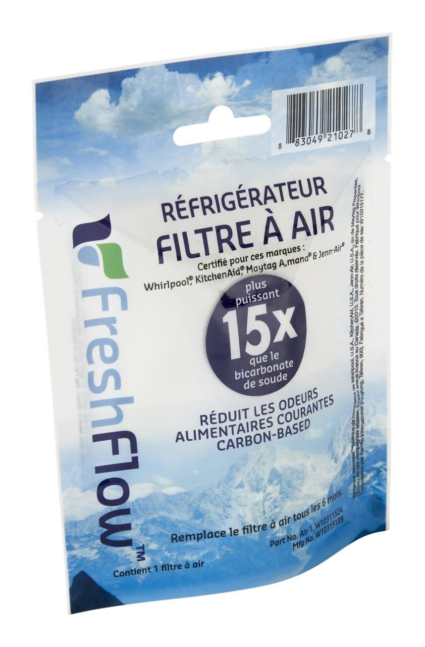 **FreshFlow**
**RÉFRIGÉRATEUR FILTRE À AIR**
Certifié pour ces marques : Whirlpool®, KitchenAid®, Maytag®, Amana® & Jenn-Air®
Plus puissant que le bicarbonate de soude
15x
Réduit les odeurs alimentaires courantes
Carbon-based
Remplace le filtre à air tous les 6 mois
Contient 1 filtre à air
Part No. Air 1, W10315189
Mfg No. W10315189
Certifié pour ces marques : Whirlpool®, KitchenAid®, Maytag®, Amana® & Jenn-Air®
Fabriqué aux États-Unis
Numéro de lot : 83049 21027 8