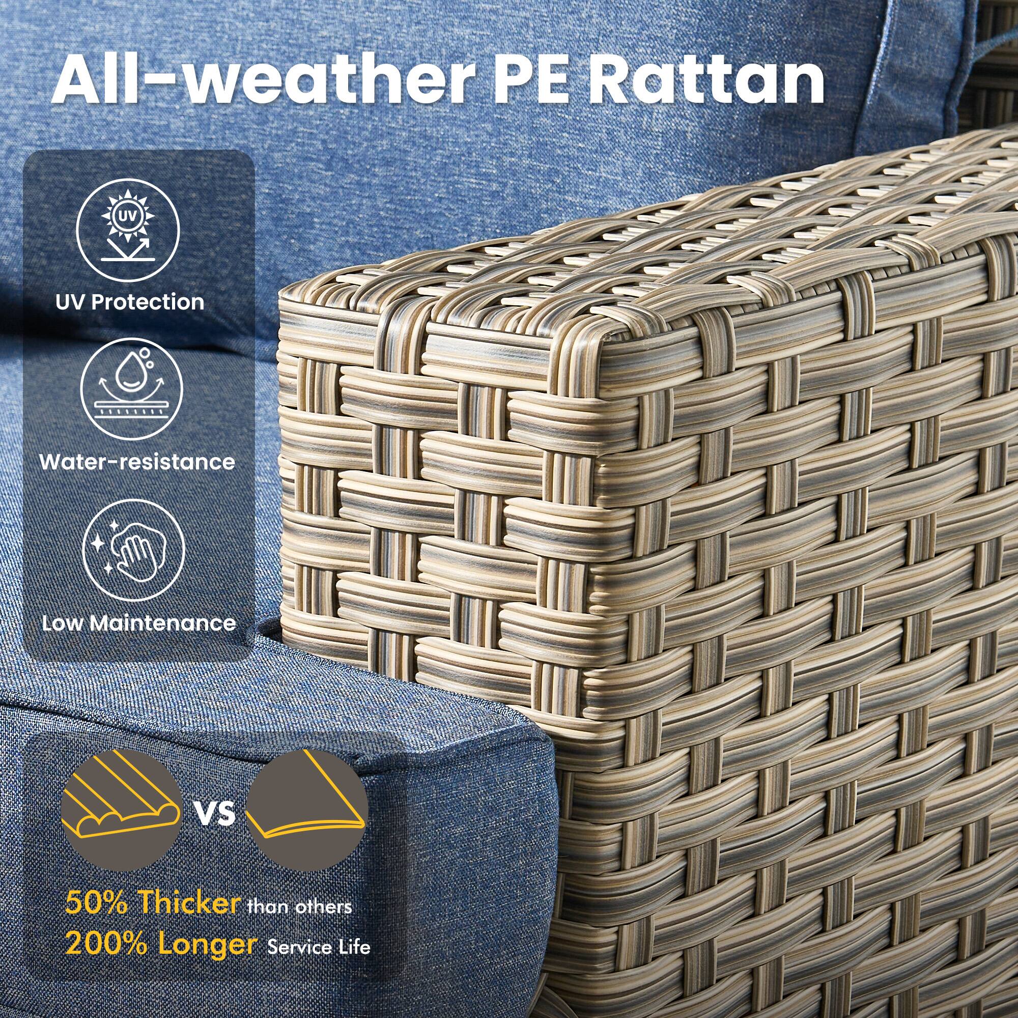 All-weather PE Rattan

- UV Protection
- Water-resistance
- Low Maintenance

Vs

50% Thicker than others
200% Longer Service Life