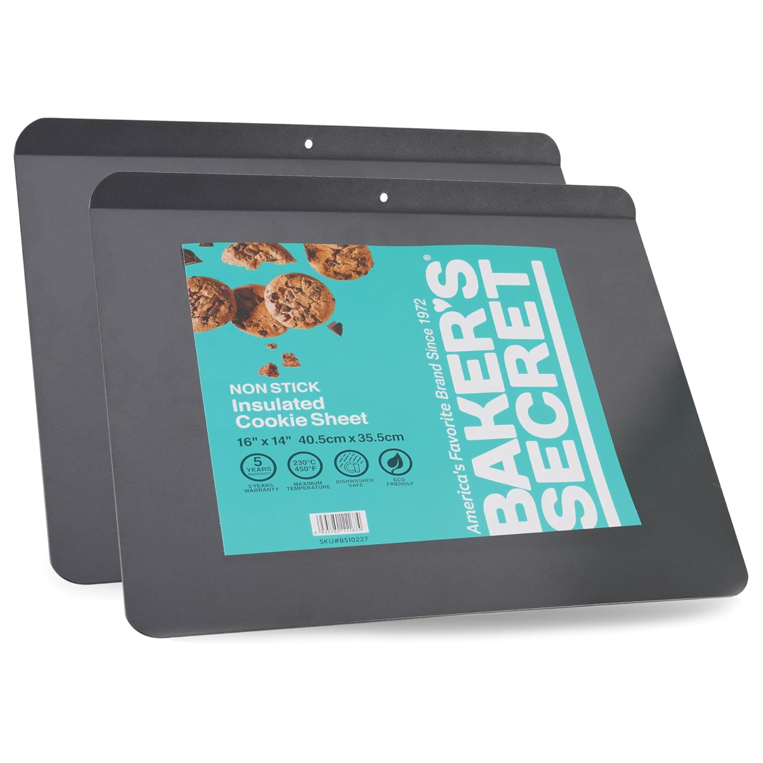 BAKER'S SECRET  
America's Favorite Brand Since 1972  

NON STICK  
Insulated Cookie Sheet  
16" x 14" 40.5cm x 35.5cm  

5 YEAR WARRANTY  
230°C 450°F MAXIMUM TEMPERATURE  

SKU#8510227