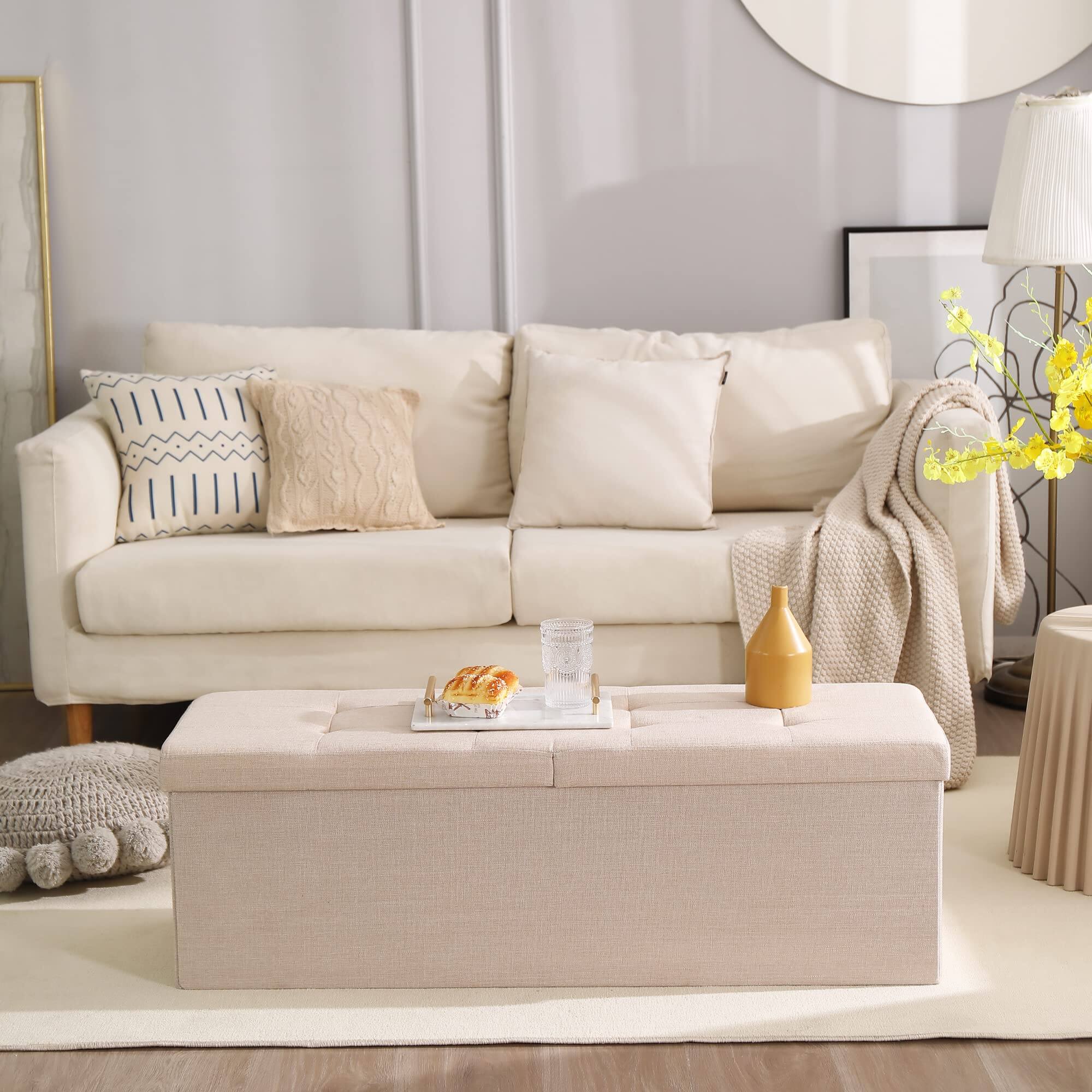 Left. Fabibe - Shoe Storage Ottoman Foldable Seat Footrest Tufted Bench End of Bed Storage with Flipping Lid, 166L Storage... - Sandy Beige 45.3" Flip.