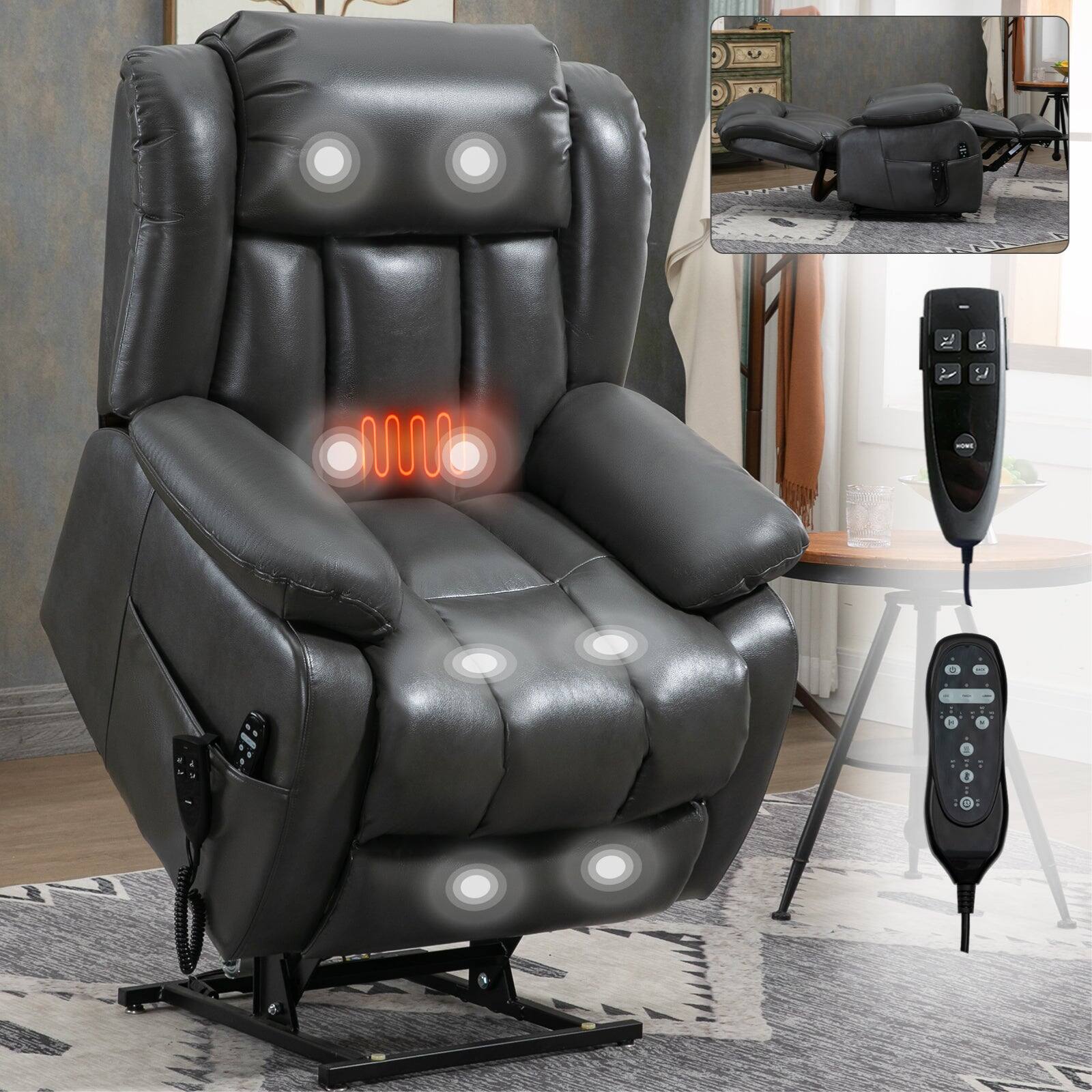 Alt View 8. Boyel Living - Grey Leatheraire Power Lift Recliner Chair with 8 Point Vibration Massage and Lumbar Heating - Gray.