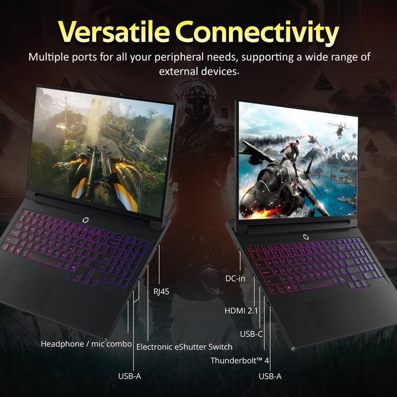 Versatile Connectivity  
Multiple ports for all your peripheral needs, supporting a wide range of external devices.  

- HDMI 2.1  
- USB-C  
- Headphone / mic combo  
- Thunderbolt 4  
- USB-A  
- USB-A  
- RJ45  
- DC-in  
- Electronic eShutter Switch