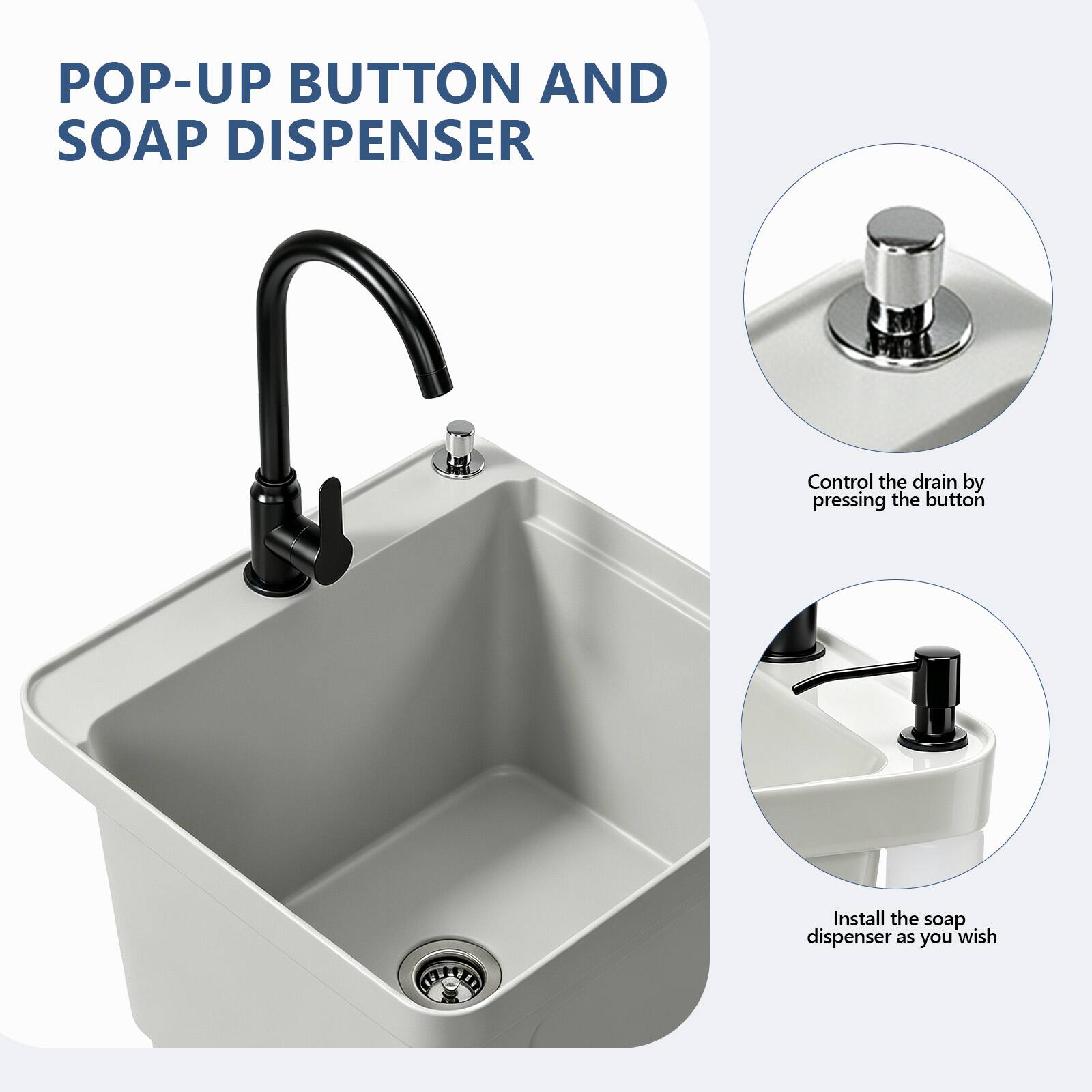 POP-UP BUTTON AND SOAP DISPENSER

Control the drain by pressing the button

Install the soap dispenser as you wish