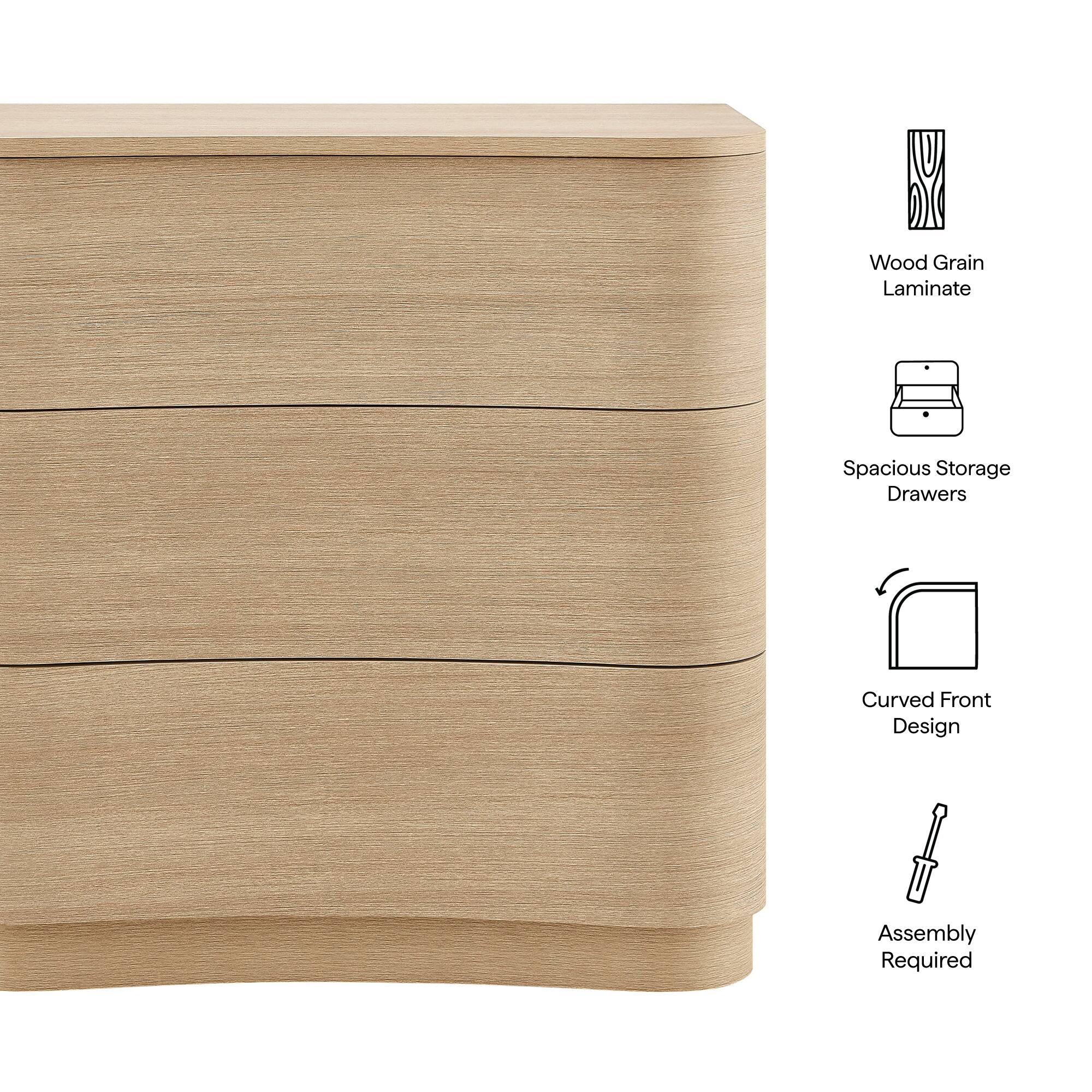 Wood Grain Laminate  
Spacious Storage Drawers  
Curved Front Design  
Assembly Required